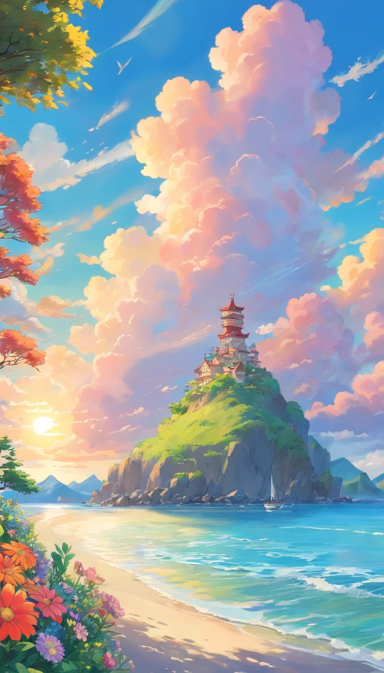 Mare,Colorful flowers on the shore,Islands in the distance,Colorful clouds,and the sun was shining brightly,tmasterpiece
