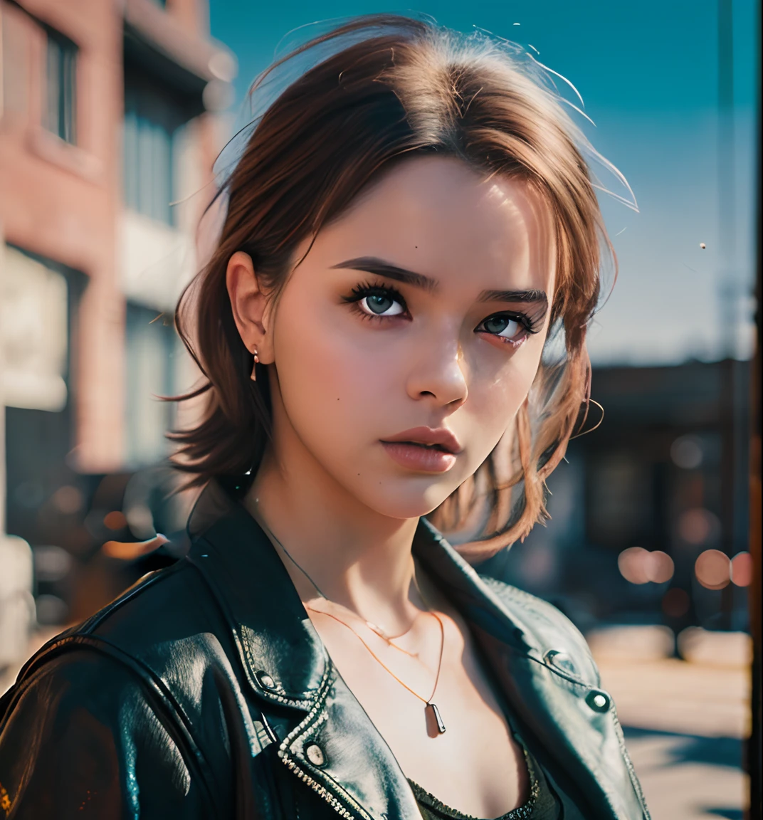 studio portrait of a Caucasian brunette, Painting "TheTerminator by James Cameron 1984" style clothes, retro, posing, nature, photo, 8k, vignetting, ray tracing, oil gloss, high extreme contrast, clearly shadows, thin shadows, HDR, RAW, bright studio lighting, fine brush strokes, bokeh --auto --s2