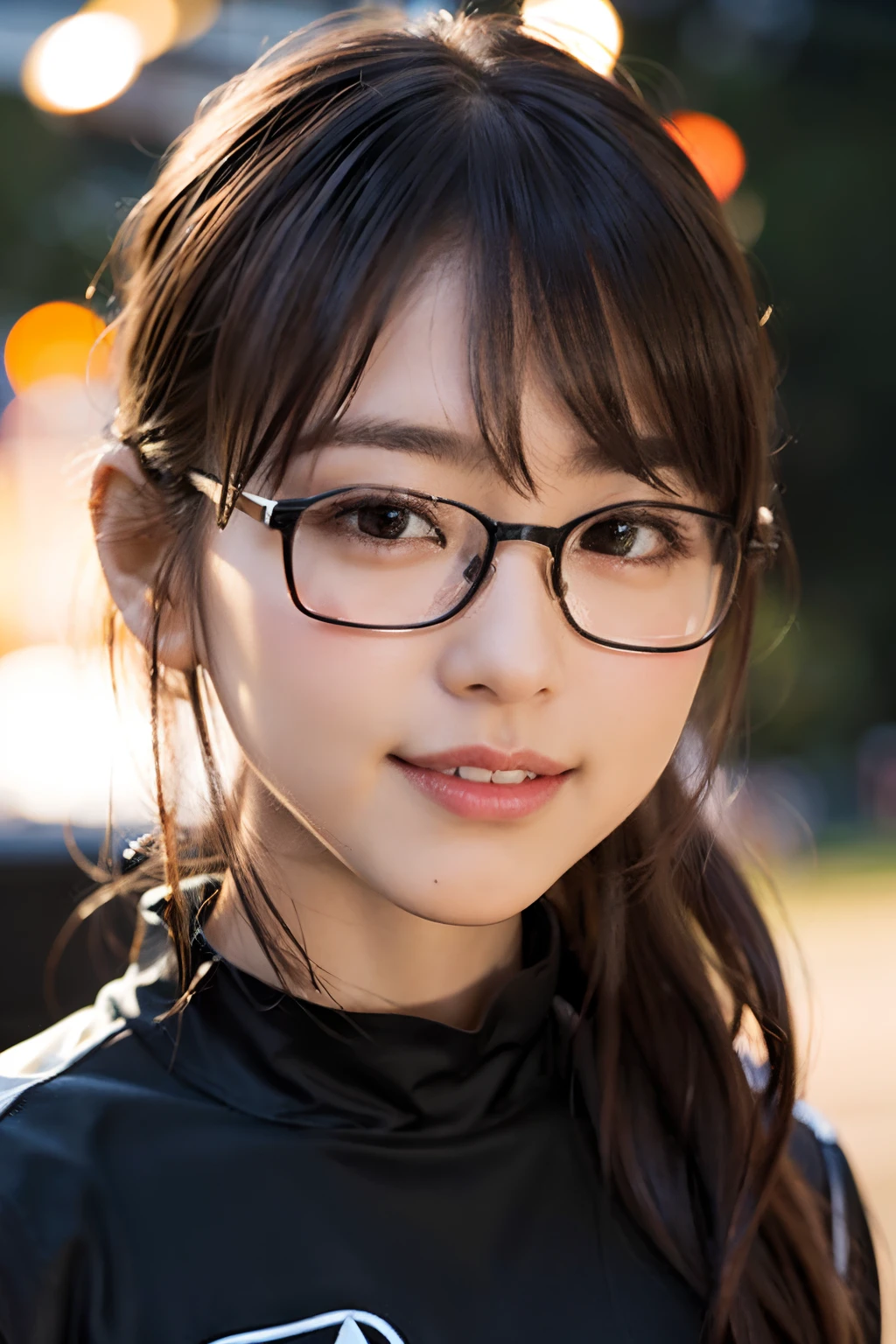 (8K、Raw photography、top-quality、​masterpiece:1.2)、(realisitic、Photorealsitic:1.37)、ultra-detailliert、超A high resolution、女の子 1 人、29yo、see the beholder、beautifull detailed face、Smile、Constriction、(Slim waist) :1.3)、Beautiful detailed skin、Skin Texture、Floating hair、Hair bunched into one、(Mountaineering Wear:1.4)、Professional Lighting、Barbecue area in autumn、campsite、(((Black square glasses )))、Whole human body、Black hair、((Shameful appearance))、
