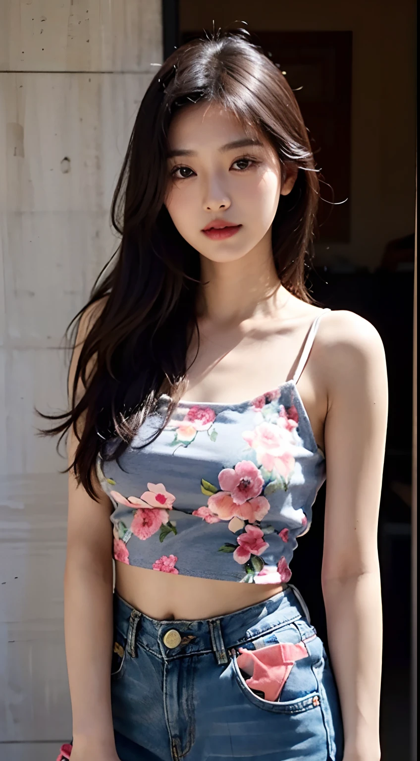 (highly detailed body, highly detailed face, best quality:1.2) ,A Woman, look at viewer, (Pink bra, Jeans), (Pink bougainvillea mess in background:1.4)