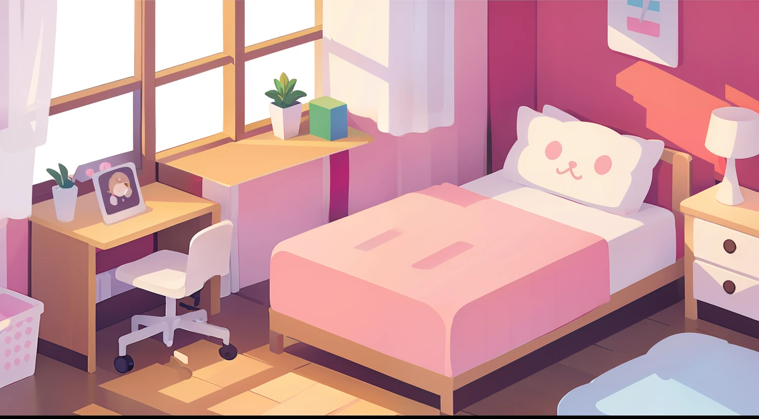Model Room、No person、Stable composition、eye view、s room、Barely enough、plushies、pastel pink、Natural Color