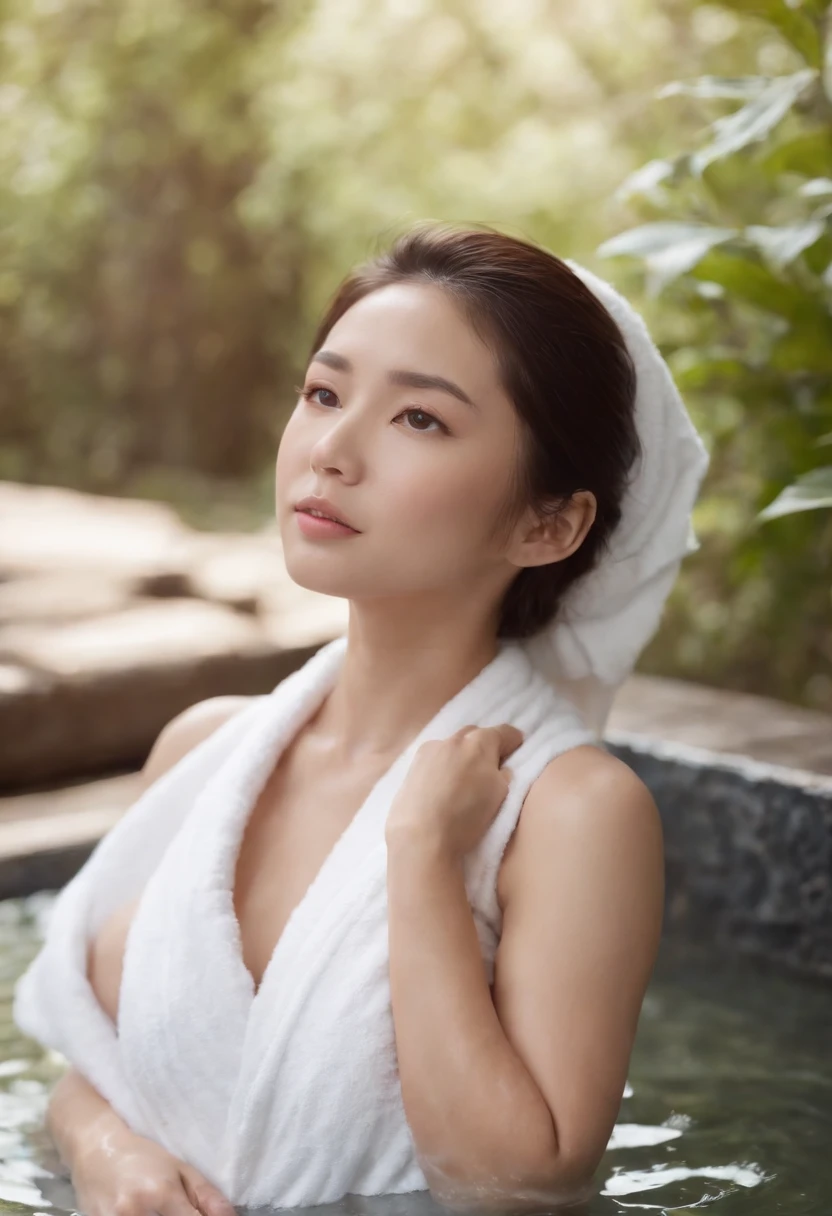 Japan woman in a hot spring、Young gravure、white towel、sensual bodies、Beautiful skin、