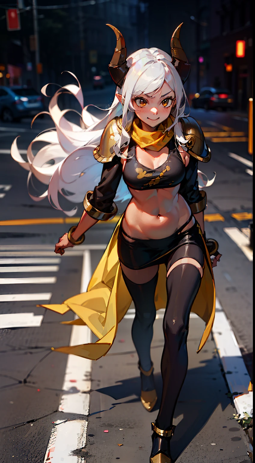 girl,(((brown skin))), hidden arms,long hair, white hair,curly hair,yellow eyes,(villain,psycho,villain smile, psychopath, angry), medium boobs,show belly,gold armor outfit, black small shirt, detailed clothes, masterpiece, hyper realistic, high definition,black horns,black pantyhose,elve ear,yellow scarf,(walking in road)