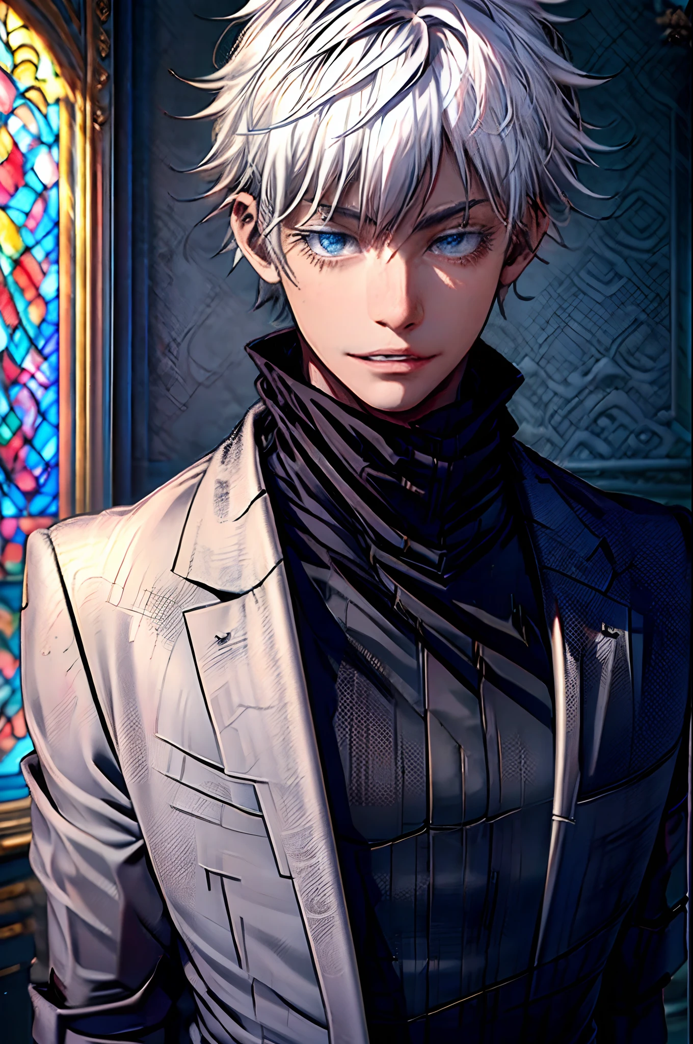 (best quality,4k,8k,highres,masterpiece:1.2),ultra-detailed,(realistic,photorealistic,photo-realistic:1.37),gojo satoru in church,silver hair,sharp gaze,piercing golden eyes,wearing a black suit,white collar shirt,golden cross necklace,dramatic lighting,gothic architecture,polished marble floors,stained glass windows,soft candlelight flickering,sunlight casting colorful patterns,angelic statues,peaceful atmosphere,solitary figure,calm expression,serene backdrop,tranquil ambiance,holy aura,ethereal beauty,light beam illuminating Gojo's face,vibrant colors,contrasting shadows,intense depth of field,subtle yet powerful presence,intricate facial features,meticulous attention to detail,hauntingly beautiful scenery,a perfect blend of mystery and grace.