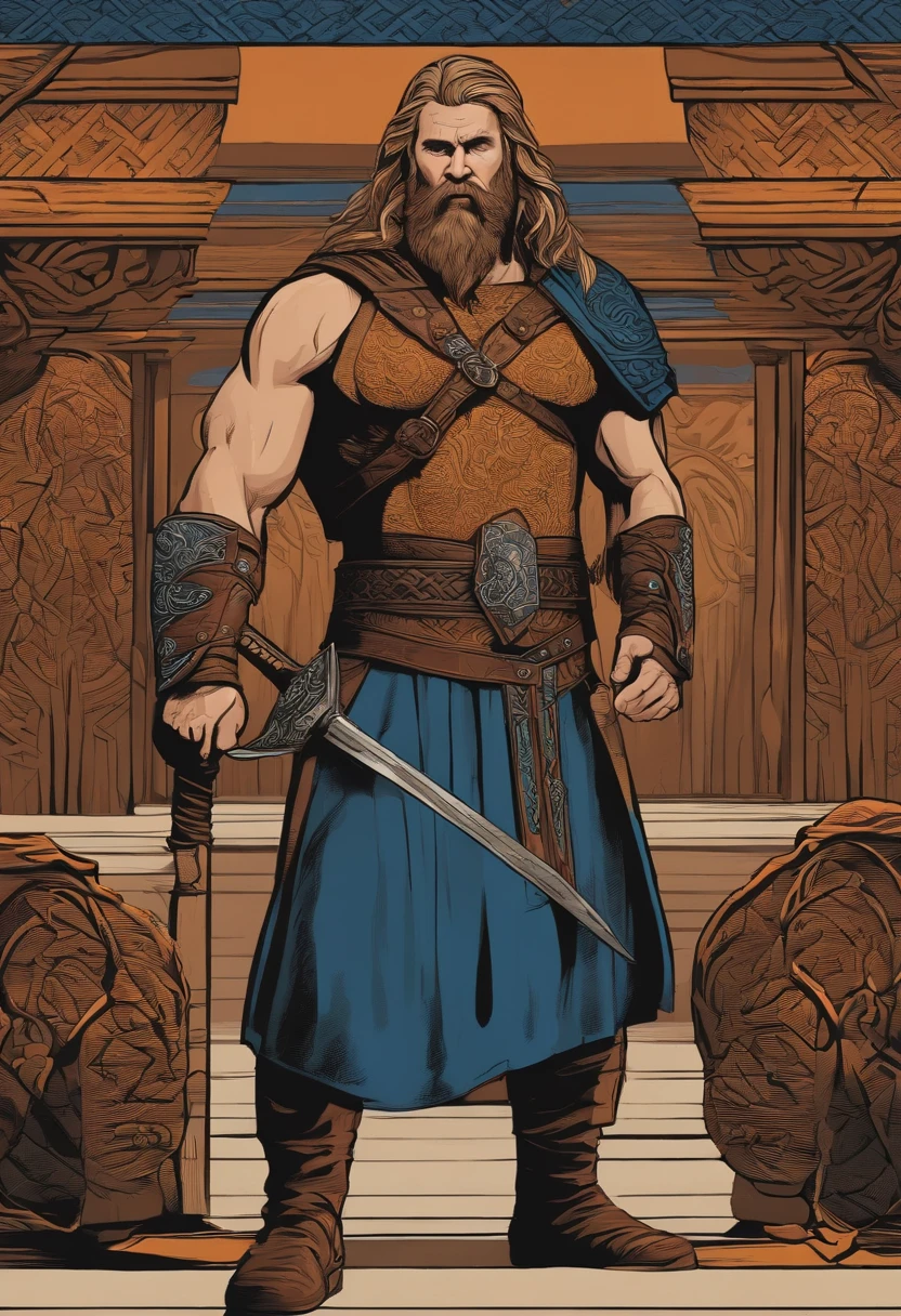 viking forte, bebendo uma cerveja, corpo inteiro, Comic book style, vetor, Inspirado em Thor, carismatico, sem fundo, roupa azul e laranja, cabelo e barba loiro