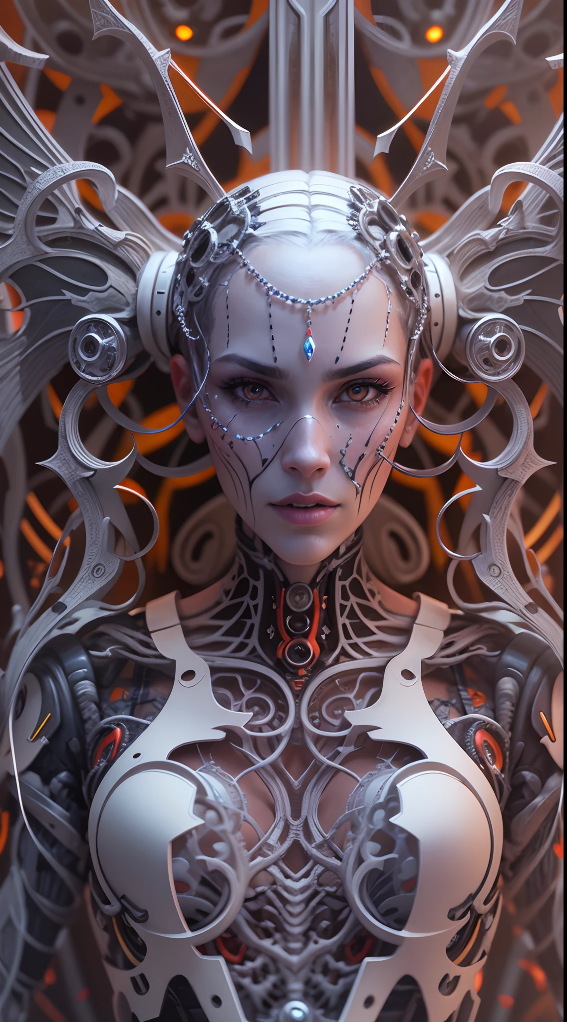 Intricate 3D Rendering Ultra Detailed Beautiful Angel of Death, Biomechanical Robot, Simulated 150mm Lens, Beautiful Natural Soft Rim Light, Neon Veins, Roots, Delicate Leaf Lace, Colorful Details, Boris Bidjan Saberi Costume, Pearl Earrings, Piercings , art nouveau fashion embroidery, intricate details, mesh lines, mandelbrot fractals, facial muscles, cables, microchips, thugs, surreal, octane, volumetric lighting, 8k and post production, red white with a bit Black, metal skull detail, half human figure, iridescent, Glenn Brown style, futuristic room, god power, high angle shot, complex body poses