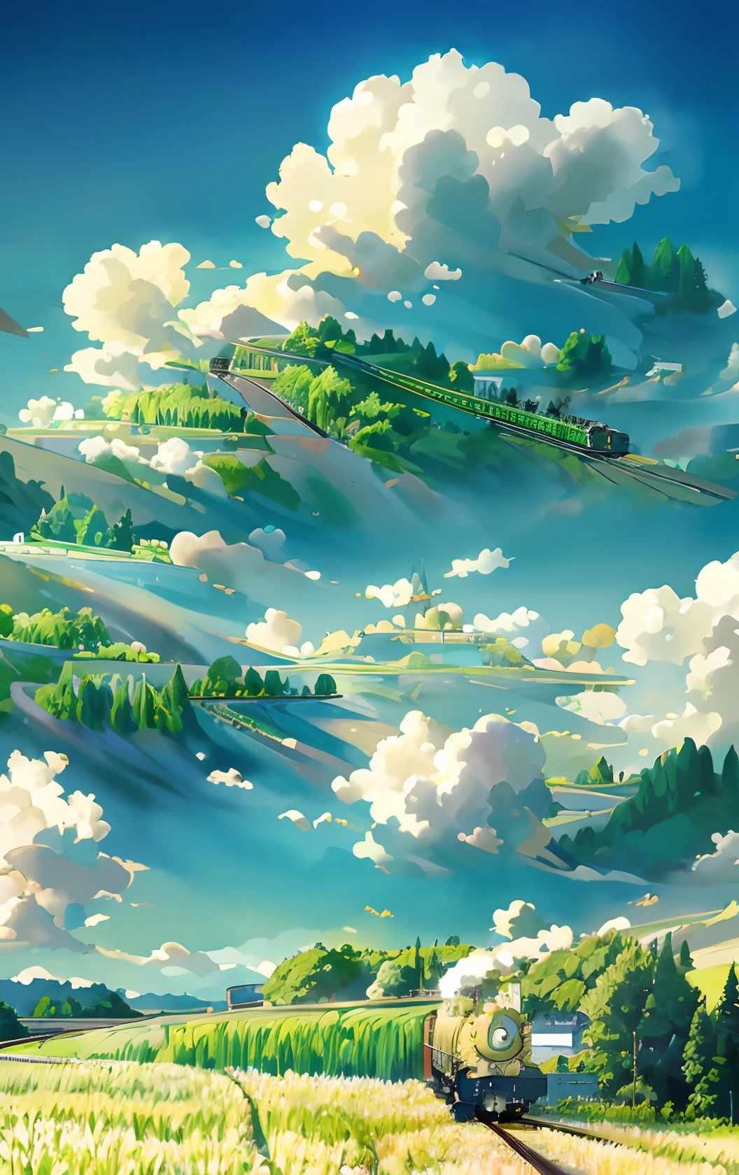 there is a train that is going down the tracks in the field, anime countryside landscape, made of tree and fantasy valley, scenery art detailed, beautifull puffy clouds. anime, detailed scenery —width 672, anime landscape wallpaper, anime landscape, studio ghibli landscape, 4k highly detailed digital art, amazing wallpaper, ross tran. scenic background, dreamy landscape