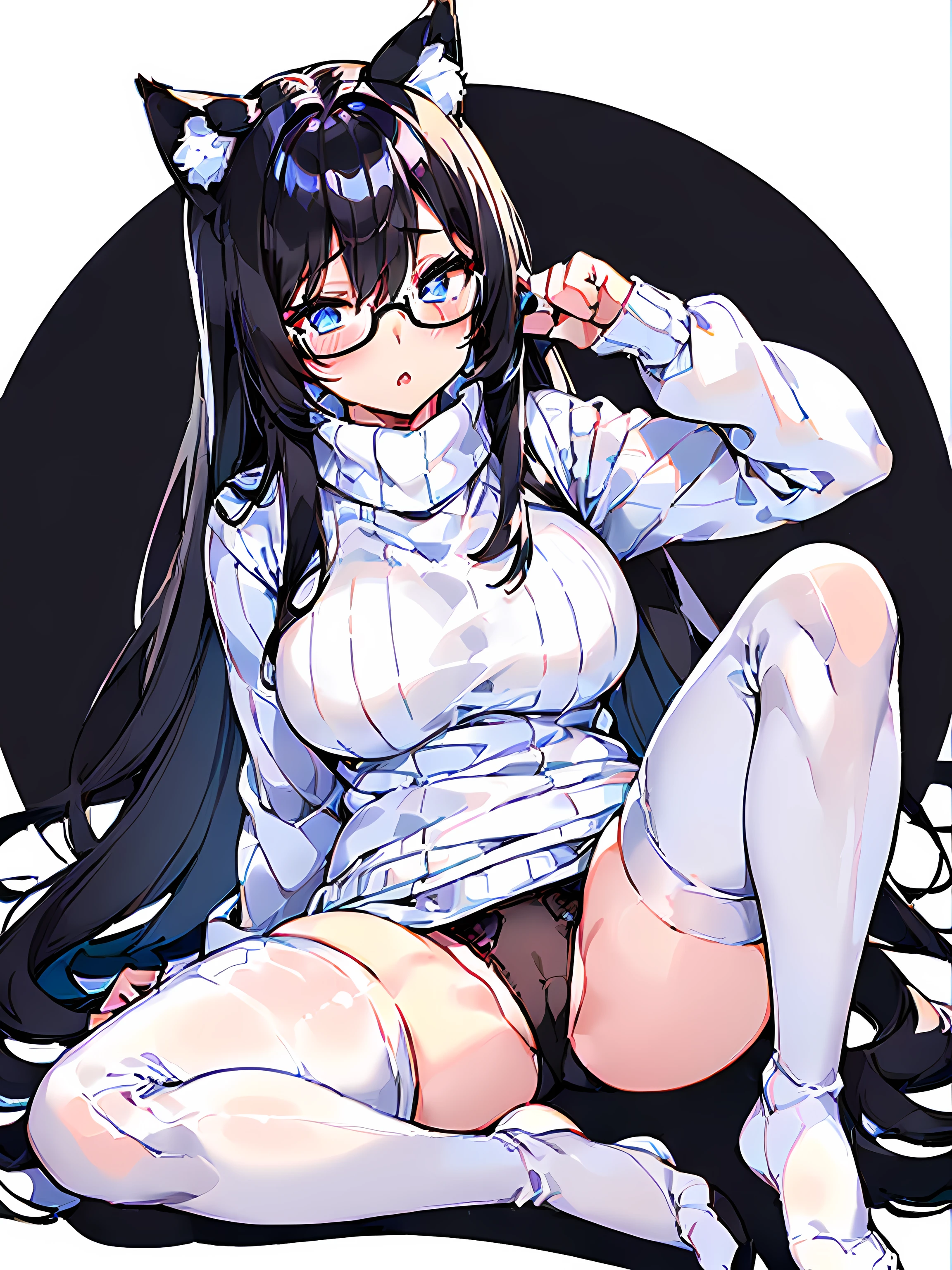 (((solo))), (((1, girl))) (((anime adult woman in a WHITE turtleneck cotton sweater outfit))), (((beautiful detailed eyes))), (((blue eyes))) (((parted lips))), (((black cat ears))), (((black hair))), (black messy hair), (((blushing))), (((flustered))), (((sitting, legs spread))), (((knees together feet apart pose))), anime moe artstyle, with glasses, (((with WHITE thigh highs))), (((no shorts))), ((())), (((WHITE thigh highs socks))), (((BLACK panties))) spectacled, with BLACK glasses on, attractive anime girl, (((white background))), (((perfect hands))), (((extreme close up to viewer))), (((looking up at viewer))), (((leaning towards viewer))), (((full body)))