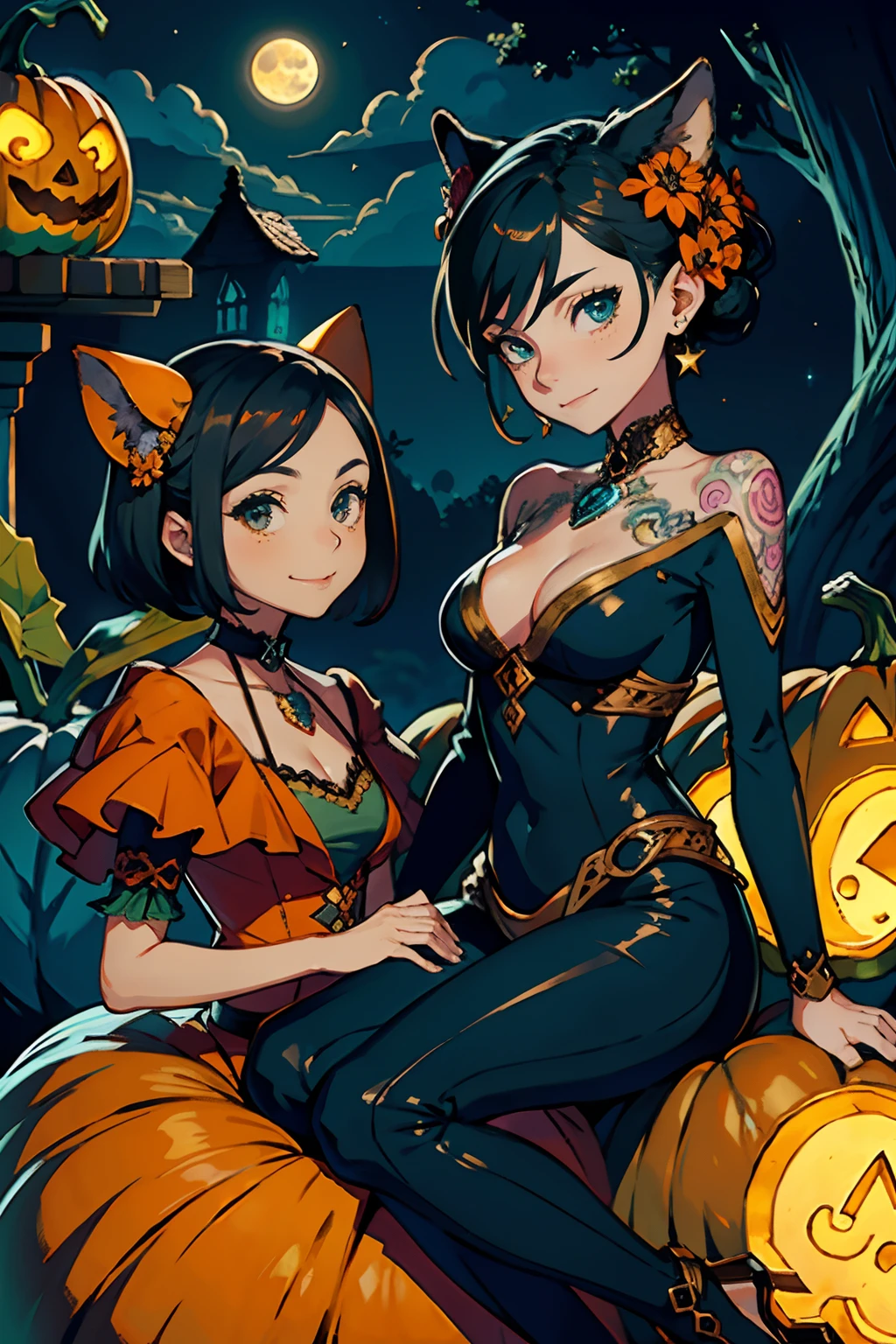 bust shot,detailed face:1.4,a couple of lesbians sitting together on (giant pumpkin:1.4),fantastical world,fantasy,leering:1.3,(alebrijes art style), elegant pose,xxmix girl women,moonlight,