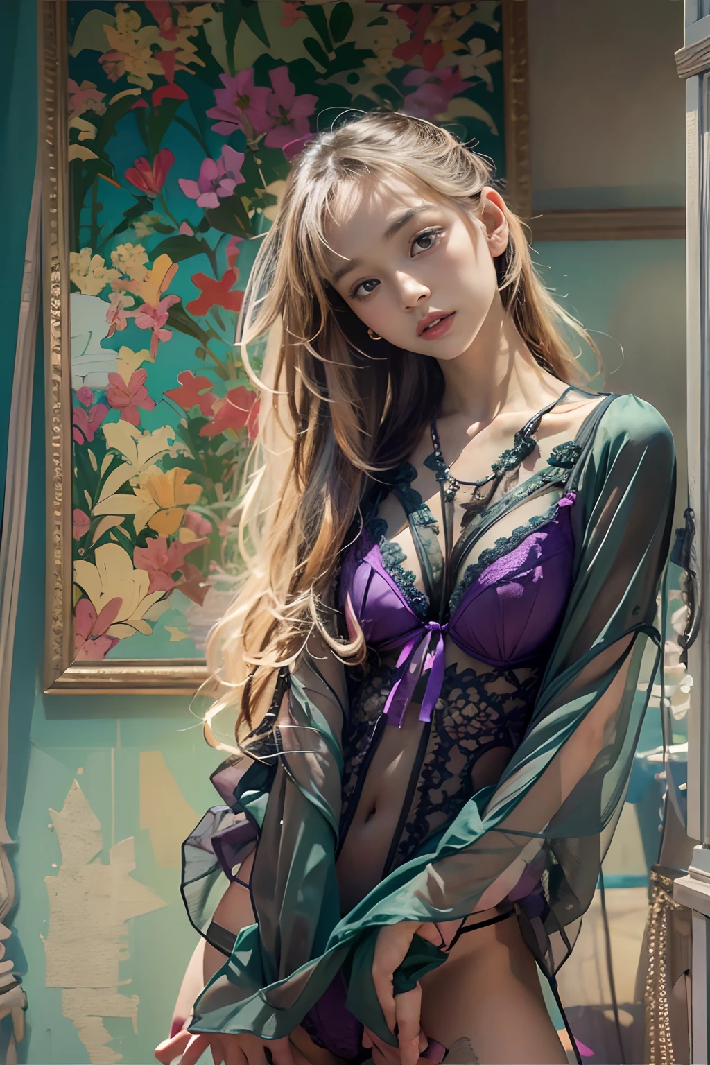 (Front Focus)、(Deep purple: 1.6)、Hyperrealist female portrait by David Hockney and Alphonse Mucha、Fantasy Art、photoRealstic、Dynamic lighting、art stations、poster for、Volume Lighting、extra detailed face、NSFW.1人、sixteen years old、in the darkness nigth、deep-shadows、(sexy lingerie:1.4)、