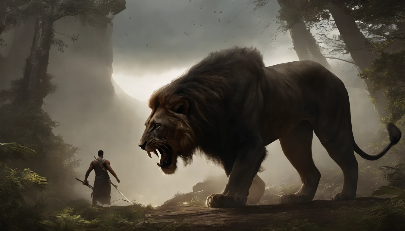 Lucas Bracey, Man hunting fierce lion in the middle of the forest , 8K, photo RAW, (highly detailedskin: 1.2), (The kinky is exposed: 1.1), (Bare back: 1.5), , (Viewed from top to bottom:1.5), ((::Jae Lee and Joe Madureira style ::2.0 comix illustration style,tatoon style ,, (Beautiful and light background:1.2),, fantastic paintings , ::jason fabok and yoji shinkawa style ::2.0 comix illustration style,tatoon style , Comic book style , (Beautiful and light background:1.2),, fantastic paintings ,in graffiti style; Master parts, best qualityer, high high quality, Extremely detailed CG unit 8K wallpaper, scenecy, Award-winning photography, hdr, extremely detaile, trending on artstationh, Trends in CG society, 复杂, High detail, art by midjourney style::Kenneth Rocafort style ::2.9 (Master parts:1.2, best qualityer), (美丽詳細な目: 1.2),