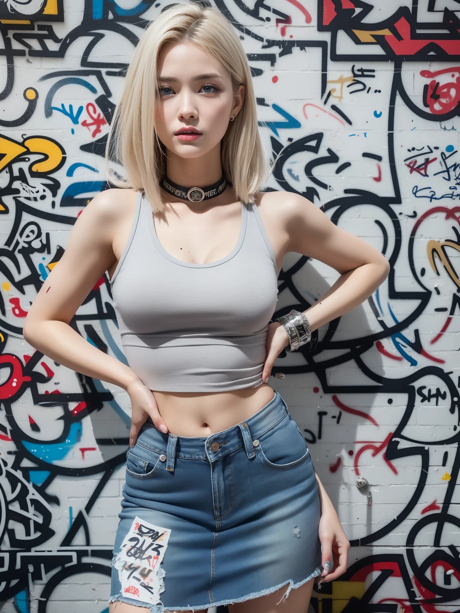 hyper realistic, Masterpiece, Best Quality, ((Lauren Gray, The face of Olivia Dunn)) 1girl, solo, crop-top, Cut clothes，denim ((tight miniskirt)), Choker, (graffiti:1.5), paint splatter, Hands Behind Your Back, Against a wall, looking a viewer, A bracelet, thigh strap, Paint on the body, tilt of head, blonde hair, Gray-blue eyes of the iris, 8K resolution, intricate clothes, intricate details,