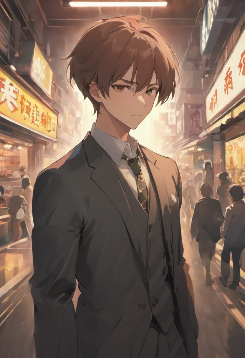 (Front view:1.4),Groomed beard,40-year-old dandy man,Composition of the upper body,Makoto Shinkai's painting style,japanes,Ridicule,A tall man,a beard, Delicate facial features like an actor,Short-haired true black hair, Wearing a black long-sleeved Y-shirt, Intense muscles, eyes are brown, The city of Shinjuku