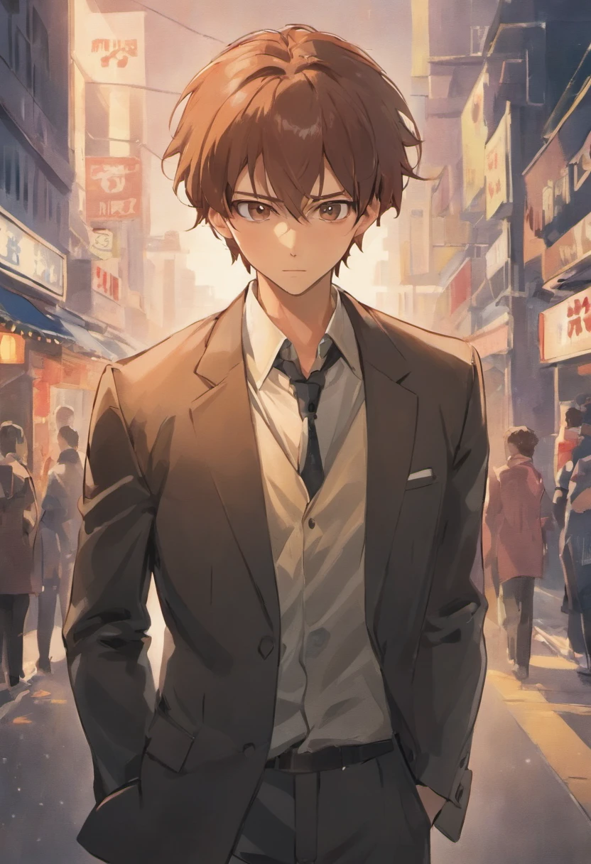 (Front view:1.4),Groomed beard,40-year-old dandy man,Composition of the upper body,Makoto Shinkai's painting style,japanes,Ridicule,A tall man,a beard, Delicate facial features like an actor,Short-haired true black hair, Wearing a black long-sleeved Y-shirt, Intense muscles, eyes are brown, The city of Shinjuku