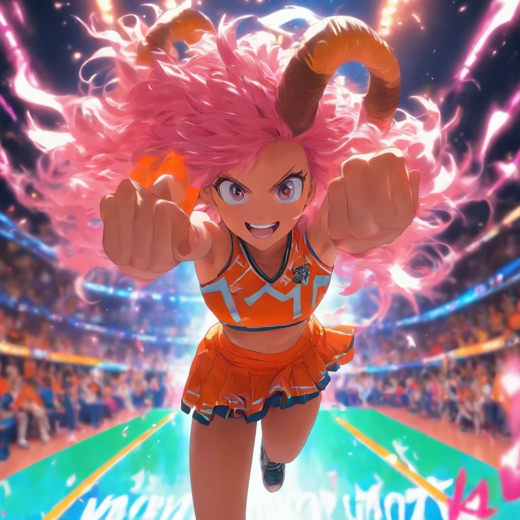 A woman, wearing an orange cheerleader outfit with black parts, a short orange skirt; ((horns on head)), | pink hair, very short hair, hair with bangs in front of the eyes, is looking at the viewer, (((action pose with interaction and leaning on anything+object+on something+leaning against))) on an empty sports court with floor green and white lines, | ((full body): 1.5) 16K, UHD, maximum quality, maximum resolution, ultra-realistic, ultra-detailed, ((perfect_hands):1), Goodhands-beta2, ((mina ashido)),