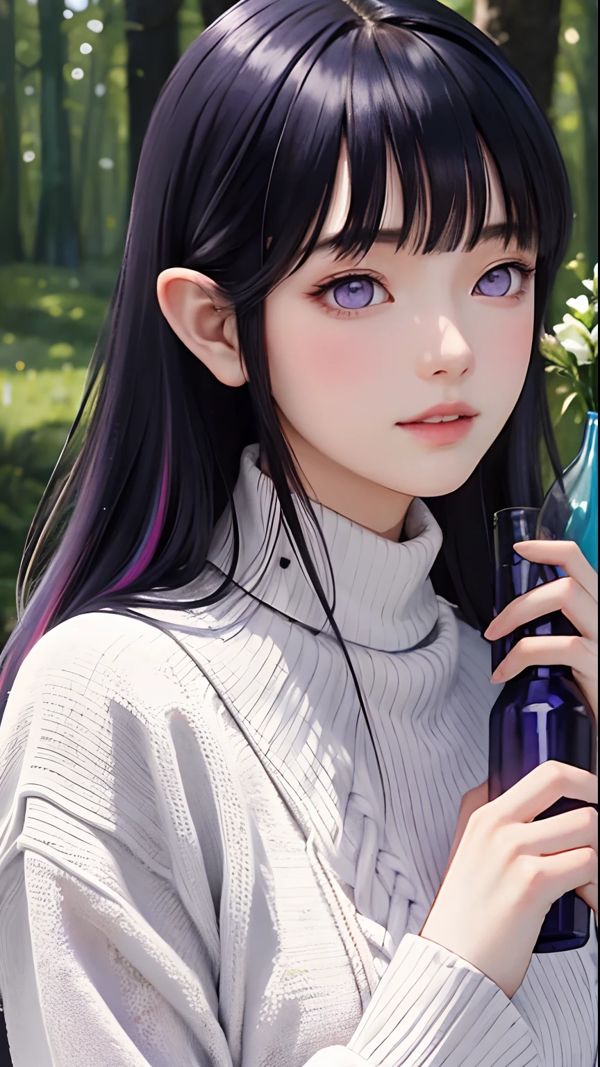 Masterpiece, best quality, 1girl, solo, close-up, pointy ears, lavender turtleneck sweater, in a forest, trees, flowers, holding a white bottle of isopropanol, detailed background, depth of field, rimlighting, specular highlights,Blunt Bangs, purple eyes, long dark blue hair, bloom, atmospheric lighting, (colorful, vivid, sunlight, warm lighting:1.2)