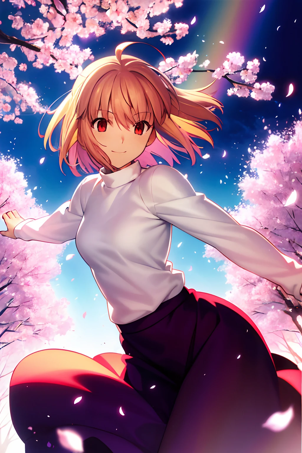 takeuchi takashi,

tsukihime,
arcueid brunestud,

1girl, ahoge, blonde hair, long skirt, petals, purple skirt, rainbow, red eyes, short hair, skirt, smile, solo, sweater, turtleneck

, ((masterpiece))