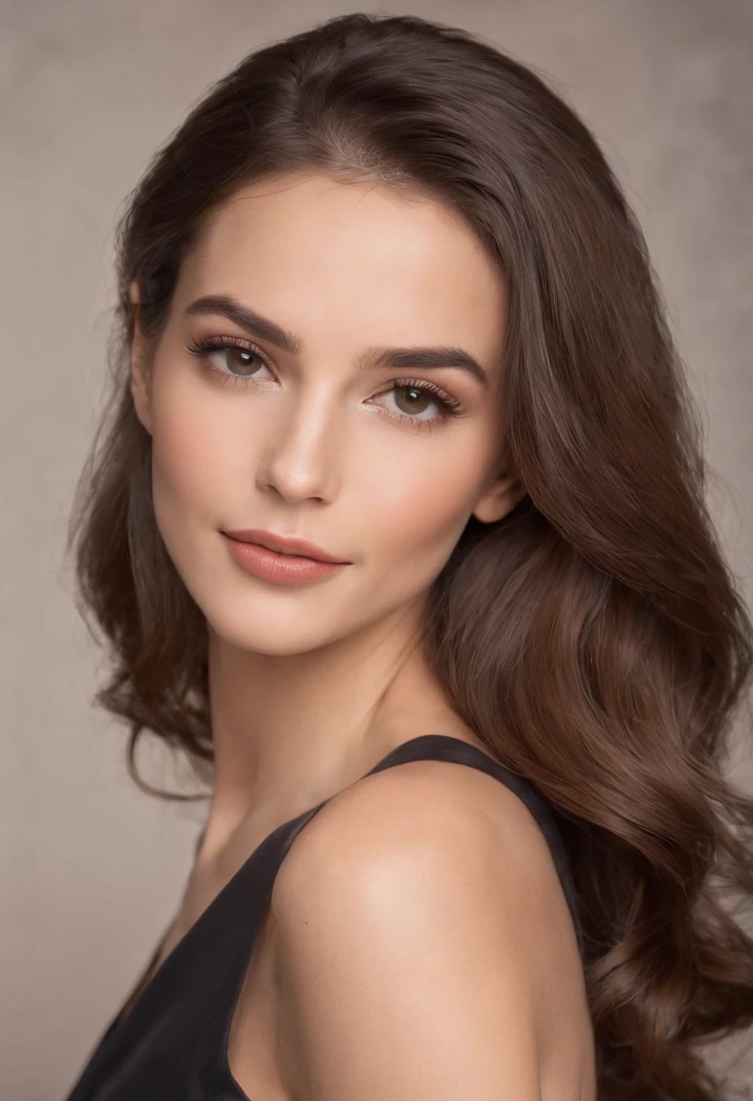 She is a young woman of 25 years with an elegant and refined appearance. Your brunette skin has a radiant and healthy tone that complements your natural beauty. His face is oval and has delicate and well-proportioned features. His brown eyes are expressive, conveying confidence and charm.
Her brunette hair is carefully combed and cascades, chegando um pouco abaixo dos ombros. They have a healthy shine and a silky texture. Ela escolheu manter seu cabelo solto, which accentuates its sophistication.
His smile is contagious, with full lips and white, straight teeth. Ela usa uma maquiagem discreta, enhancing its natural beauty with a soft eye shadow, a touch of mascara to highlight your eyelashes and a neutral color lipstick that enhances your lips.
As for social clothing, She's wearing an elegant suit set. The impeccable cut blazer enhances your figure and has a sober color,