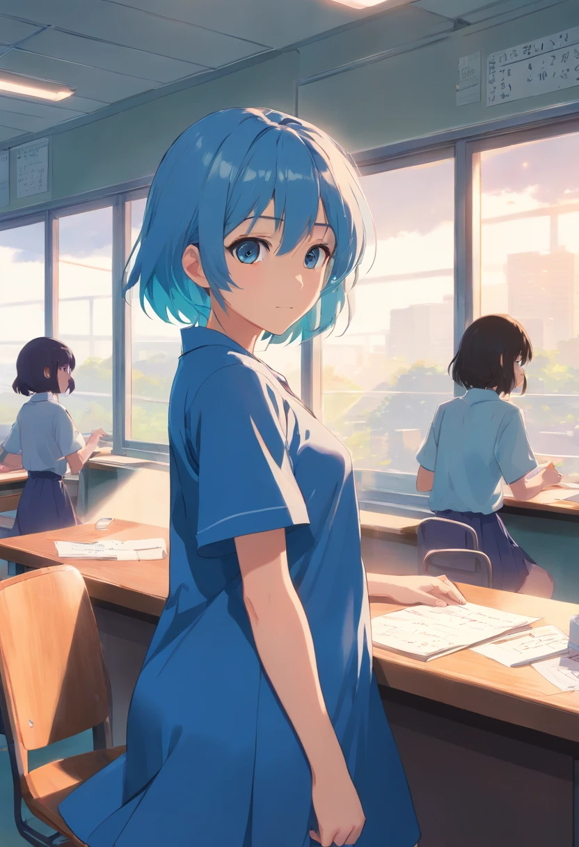  girl，It's a girl，schoolgirl，airs，Sit by the window in the classroom，Unable to write math problems，Lying directly on the table，Lying on the table，The gentle sun shines on him，Was wearing a blue dress，The clothes ar