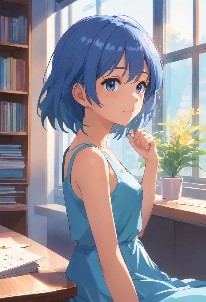 girl,It's a girl,schoolgirl,airs,Sit by the window in the classroom,Unable to write math problems,Lying directly on the table,Lying on the table,The gentle sun shines on him,Was wearing a blue dress,The clothes ar