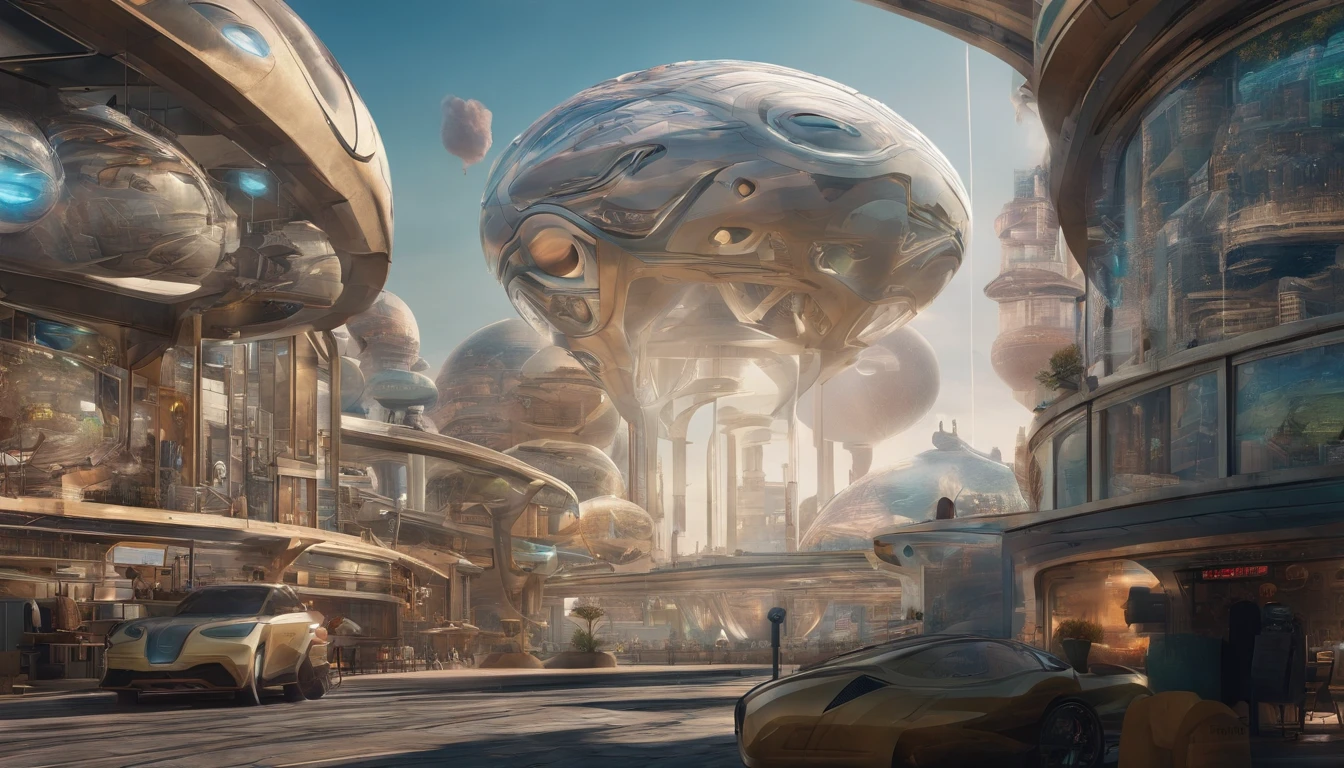 What photography，Ultra photo realsisim，Hyper-detailing，Ultra-wide-angle picture，24th century，sci fi city，and the sun was shining brightly，Tech City of the Future，Oval building，Suspended circular aircraft，Roads that lead in all directions，highly detailed surreal vfx，Smudge，Faraway view，super-fine，ultra - detailed，high qulity，8K ，oc rendered，dynamic viewing angle