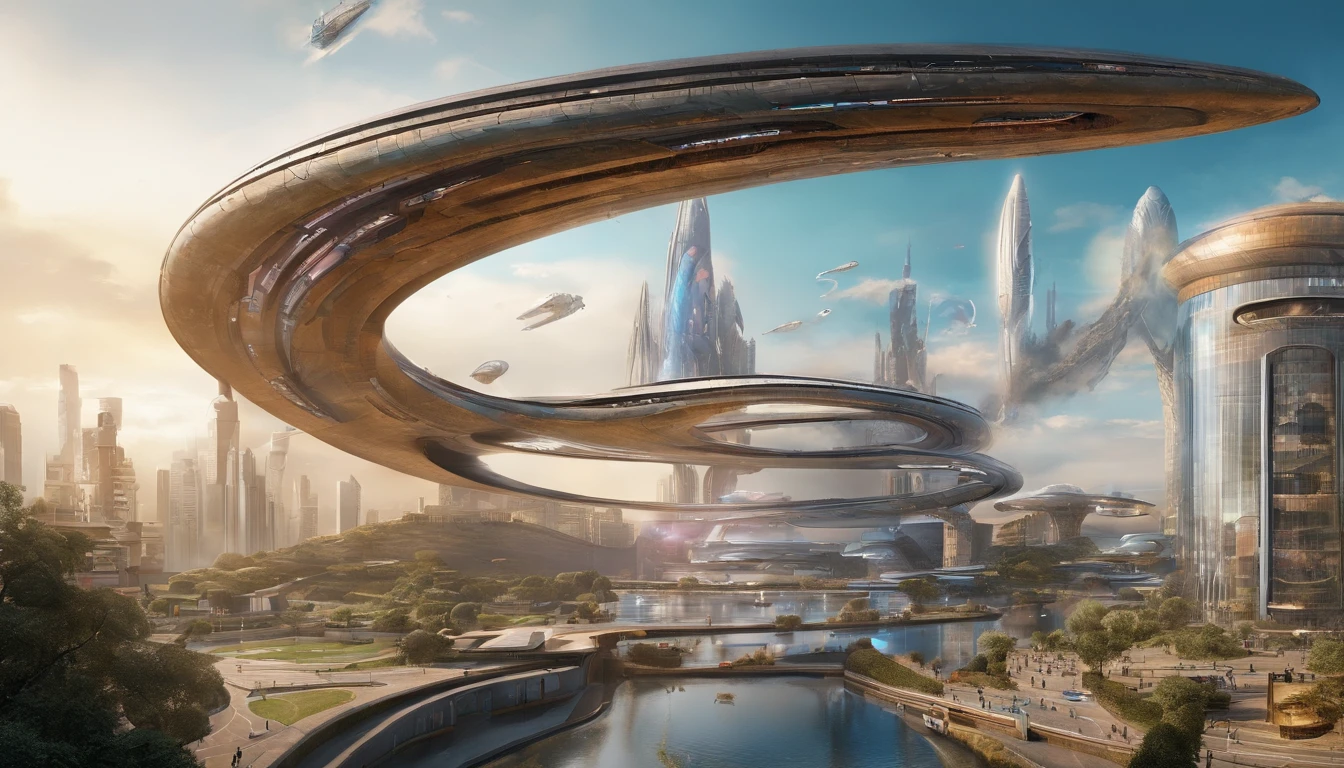 What photography,Ultra photo realsisim,Hyper-detailing,Ultra-wide-angle picture,24th century,sci fi city,and the sun was shining brightly,Tech City of the Future,Oval building,Suspended circular aircraft,Roads that lead in all directions,highly detailed surreal vfx,Smudge,Faraway view,super-fine,ultra - detailed,high qulity,8K ,oc rendered,dynamic viewing angle