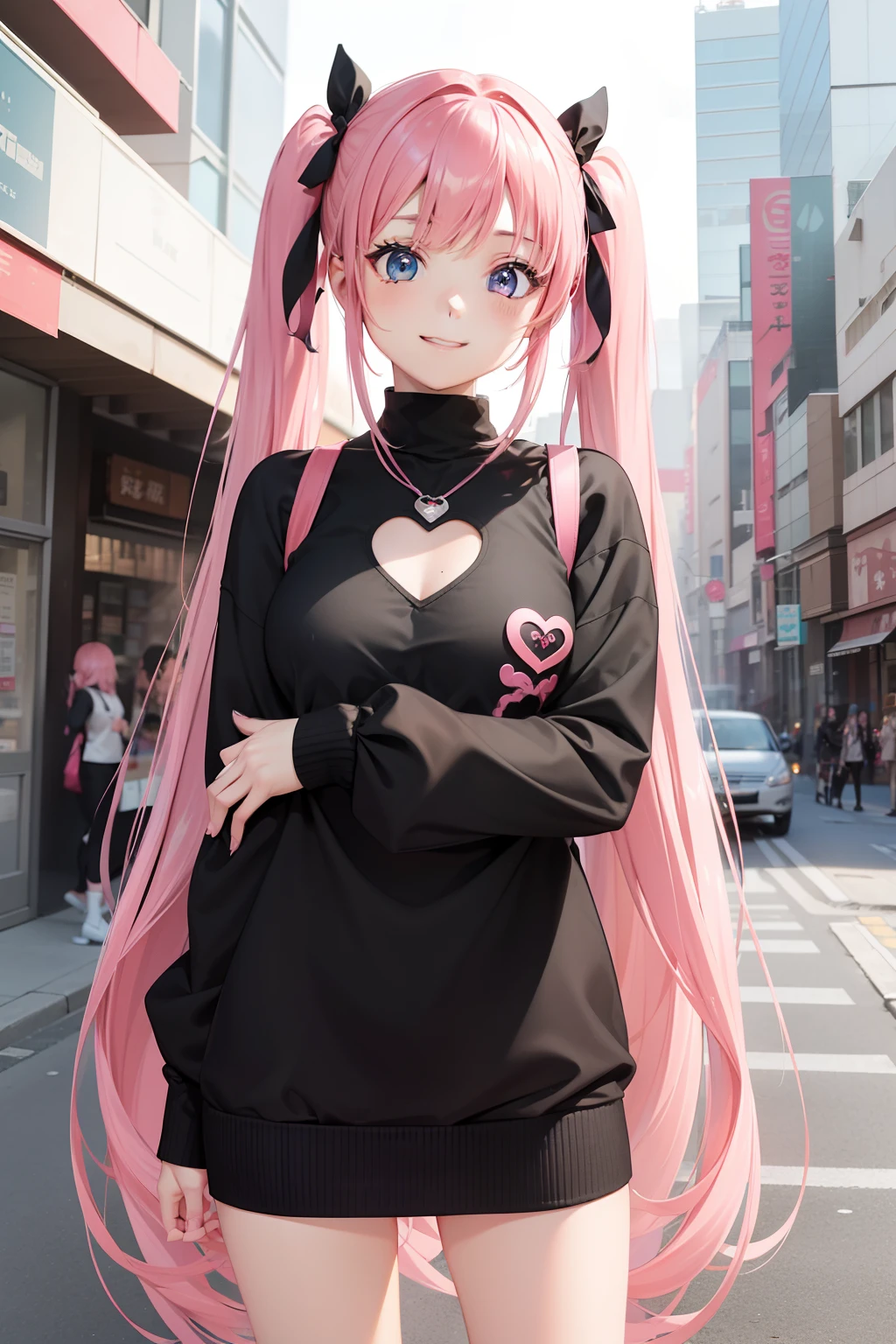 full body Esbian, masutepiece: 1.2, Highest Quality), (Live-action, elaborate details), (1 Lady, Solo, Upper body,) Clothing: Edgy, Black long jumper, pink miniskirt, long hair with pink twin tails,,,,,,,,,,,,、Avant-garde, Experimental appearance: Long pink twin tail hair 、Heart-shaped choker、The location: bustling city、Solo, Nice smile、Value Creation in Mixed Media Art: individuality, authenticity, Creative expression
