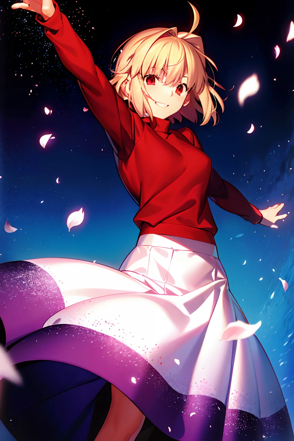 takeuchi takashi,

tsukihime,
arcueid brunestud,

1girl, ahoge, blonde hair, long skirt, petals, purple skirt, rainbow, red eyes, short hair, skirt, smile, solo, sweater, turtleneck

, ((masterpiece))