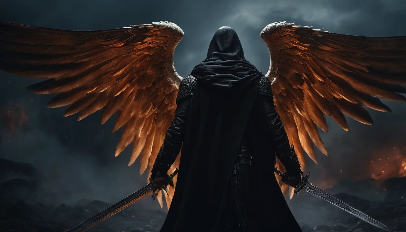 Realistic, 4K, Cinematic, An angel with big wings on his back, Black clothes, one sword, Hood on head in war background image (chaos), Masterpiece