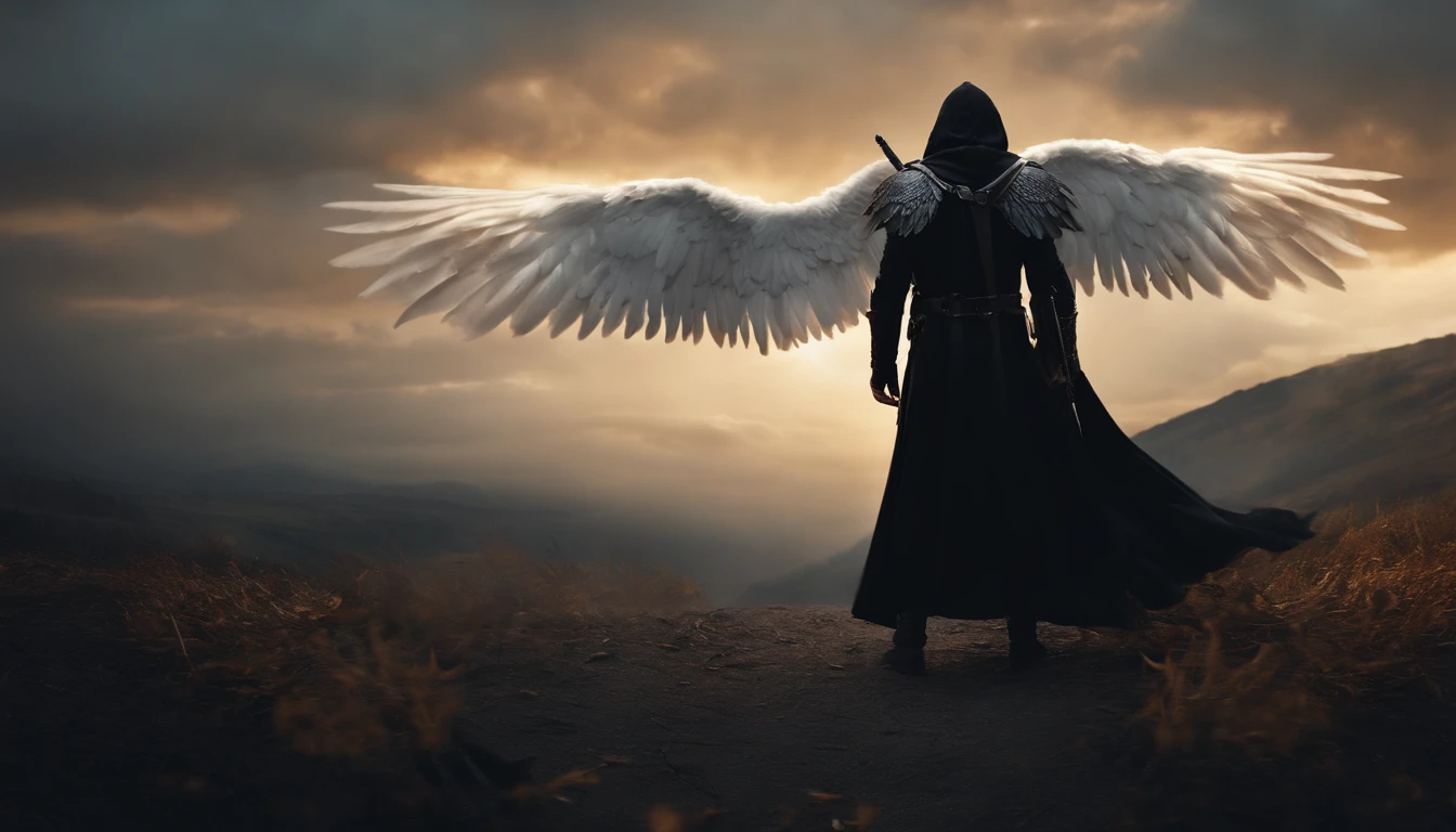 Realistic, 4K, Cinematic, An angel with big wings on his back, Black clothes, one sword, Hood on head in war background image (chaos), Masterpiece