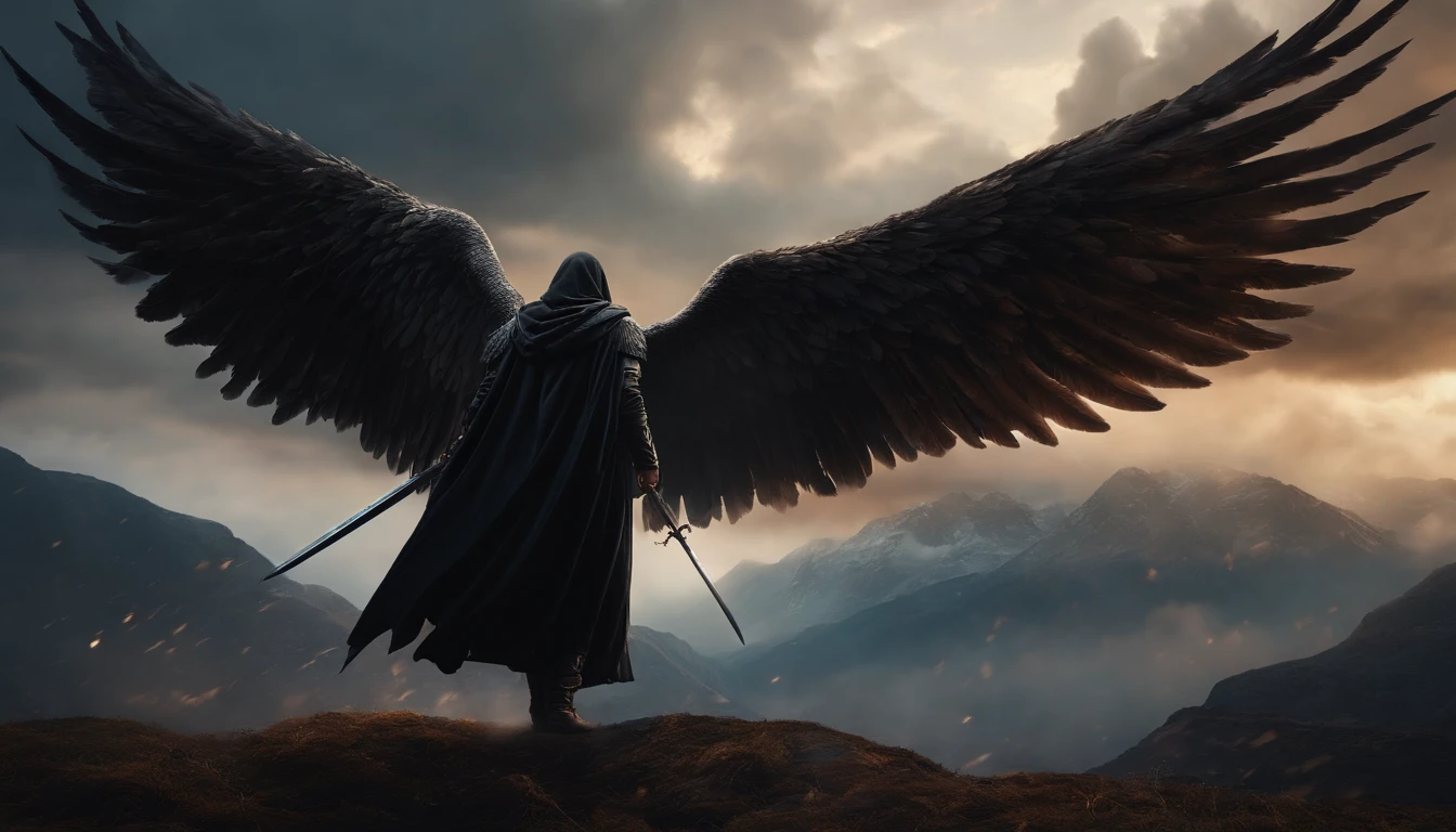 Realistic, 4K, Cinematic, An angel with big wings on his back, Black clothes, one sword, Hood on head in war background image (chaos), Masterpiece