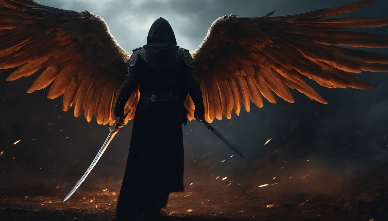Realistic, 4K, Cinematic, An angel with big wings on his back, Black clothes, one sword, Hood on head in war background image (chaos), Masterpiece