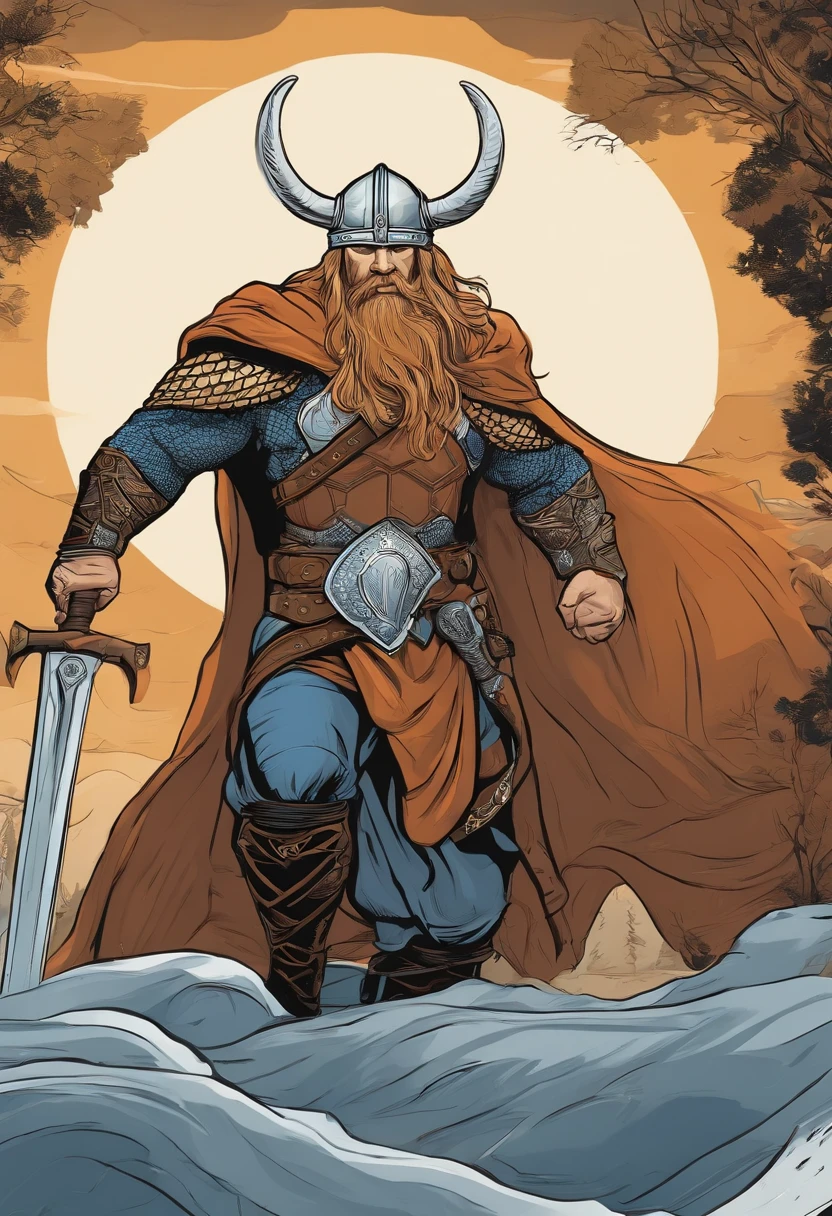 viking forte, bebendo uma cerveja, corpo inteiro, roupa azul e laranja, cabelo e barba loiro, usando capacete de obra, Comic book style, vetor, Inspirado em Thor, carismatico, fundo branco, corpo inteiro,