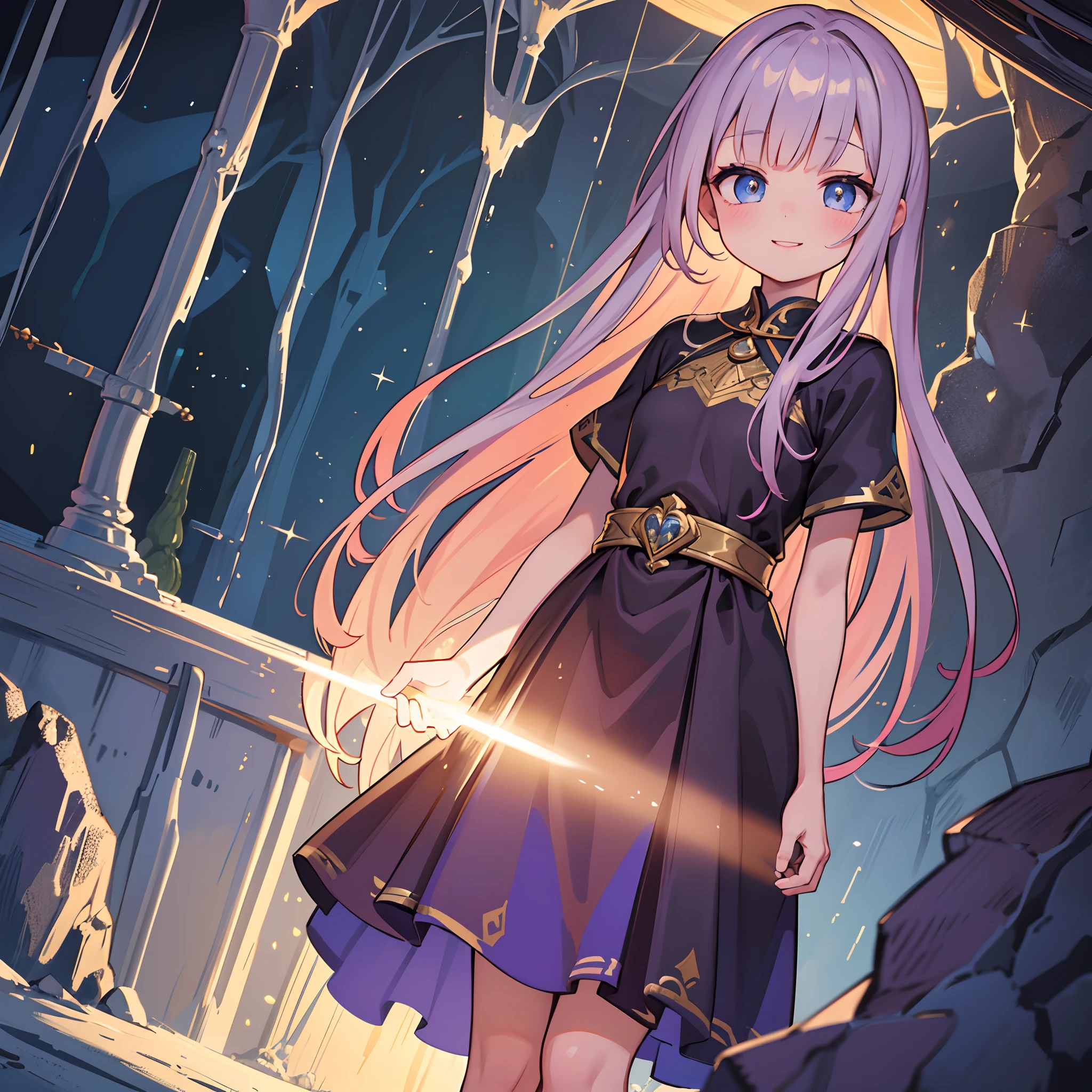 A cute female with a bright smile standing in a cave, her hand gracefully tucked behind her back. The cave is adorned with sparkling crystals, creating a magical and enchanting atmosphere. The girl's eyes are filled with wonder and curiosity, reflecting the shimmering light of the crystals. The cave walls are textured with rugged rocks, adding depth and contrast to the scene. The girl's outfit is vibrant and playful, with colorful patterns and flowing fabrics that accentuate her youthful charm. The cave is illuminated by a soft, warm light, casting gentle shadows on the walls and illuminating the girl's features. The overall image quality is of the best quality, with ultra-detailed elements and a realistic rendering. The colors are vivid and harmonious, enhancing the sense of magic and beauty in the scene. The prompt showcases the perfect blend of fantasy and realism, creating a mesmerizing masterpiece.