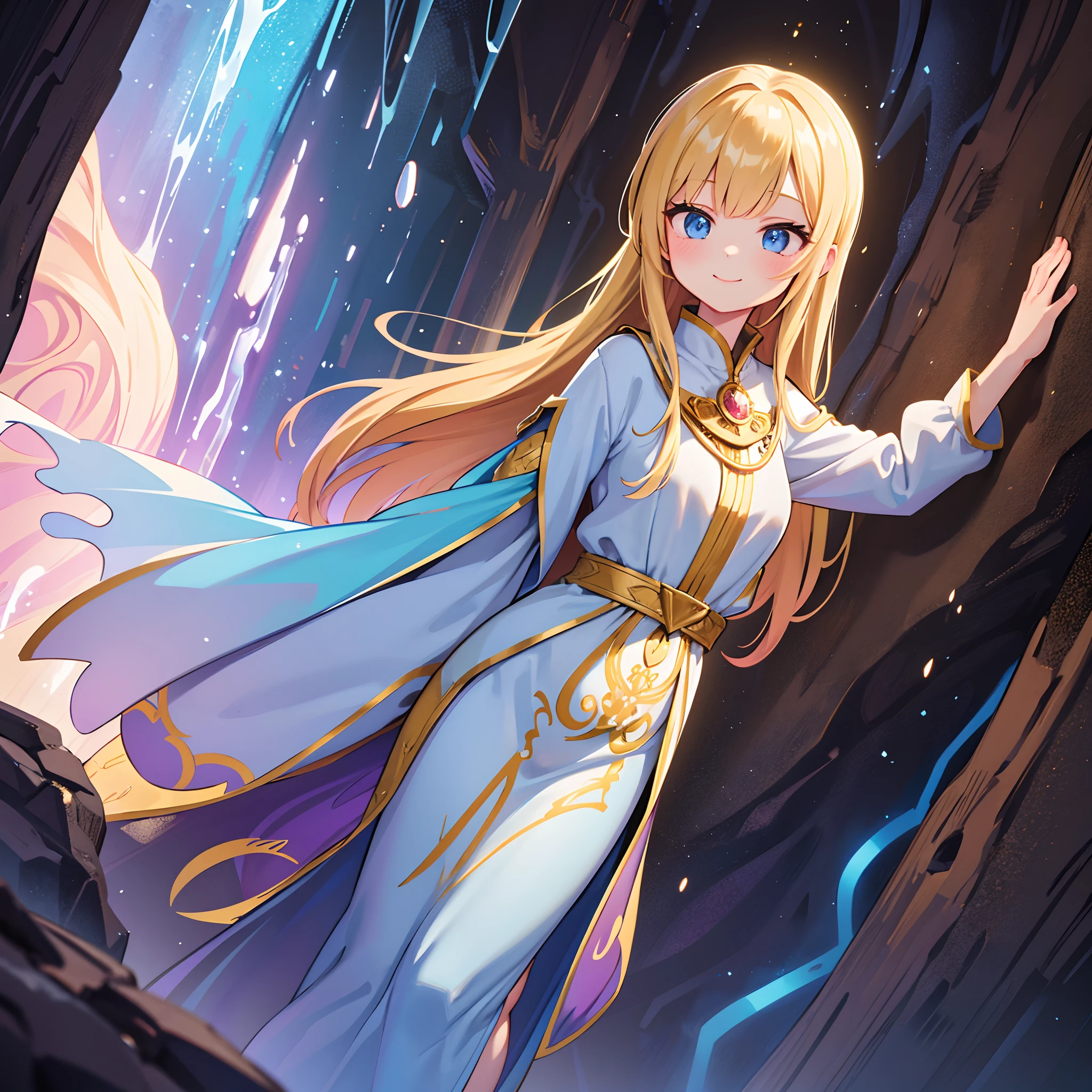 A cute female with a bright smile standing in a cave, her hand gracefully tucked behind her back. The cave is adorned with sparkling crystals, creating a magical and enchanting atmosphere. The girl's eyes are filled with wonder and curiosity, reflecting the shimmering light of the crystals. The cave walls are textured with rugged rocks, adding depth and contrast to the scene. The girl's outfit is vibrant and playful, with colorful patterns and flowing fabrics that accentuate her youthful charm. The cave is illuminated by a soft, warm light, casting gentle shadows on the walls and illuminating the girl's features. The overall image quality is of the best quality, with ultra-detailed elements and a realistic rendering. The colors are vivid and harmonious, enhancing the sense of magic and beauty in the scene. The prompt showcases the perfect blend of fantasy and realism, creating a mesmerizing masterpiece.