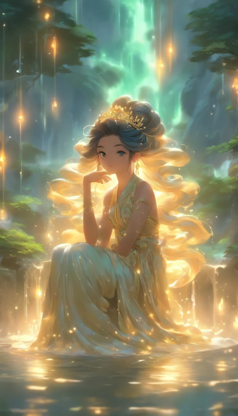 (Masterpiece, Best quality), 1girll(atenea_Asamiya Palace), Cute dress, Long black hair, Sitting, Beautiful outdoor background, Night, forest,highly detailed surreal vfx,China ink painting,water ink,ink,Smudge,downpours,Get wet,water,water column,Gravity-resistant water column,Spiral,China-style,中景 the scene is,super-fine,ultra - detailed,high qulity,8K ,Sharply focus the eyes,中景 the scene is,Full body like,oc rendered