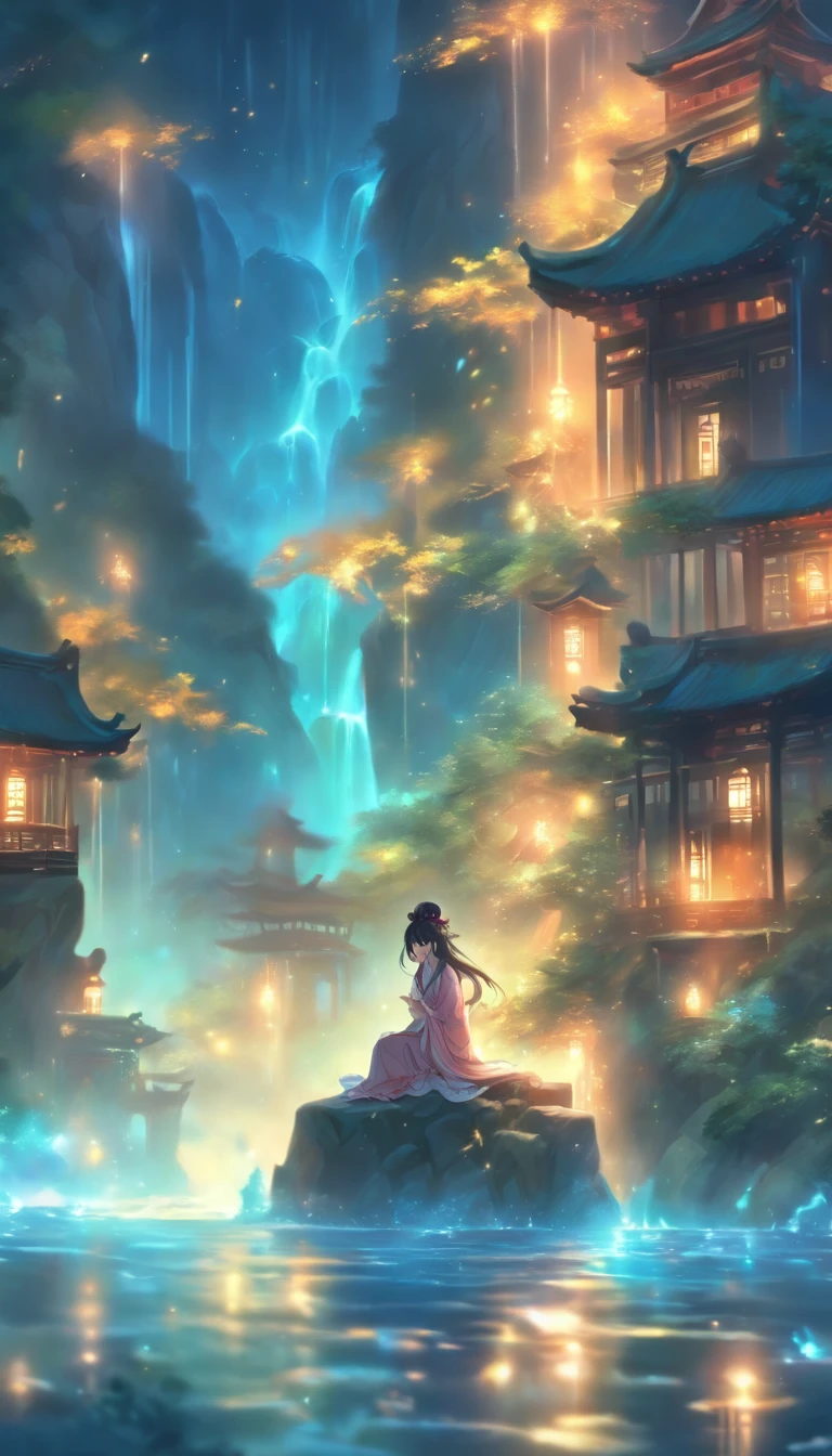 (Masterpiece, Best quality), 1girll(atenea_Asamiya Palace), Cute dress, Long black hair, Sitting, Beautiful outdoor background, Night, forest,highly detailed surreal vfx,China ink painting,water ink,ink,Smudge,downpours,Get wet,water,water column,Gravity-resistant water column,Spiral,China-style,中景 the scene is,super-fine,ultra - detailed,high qulity,8K ,Sharply focus the eyes,中景 the scene is,Full body like,oc rendered