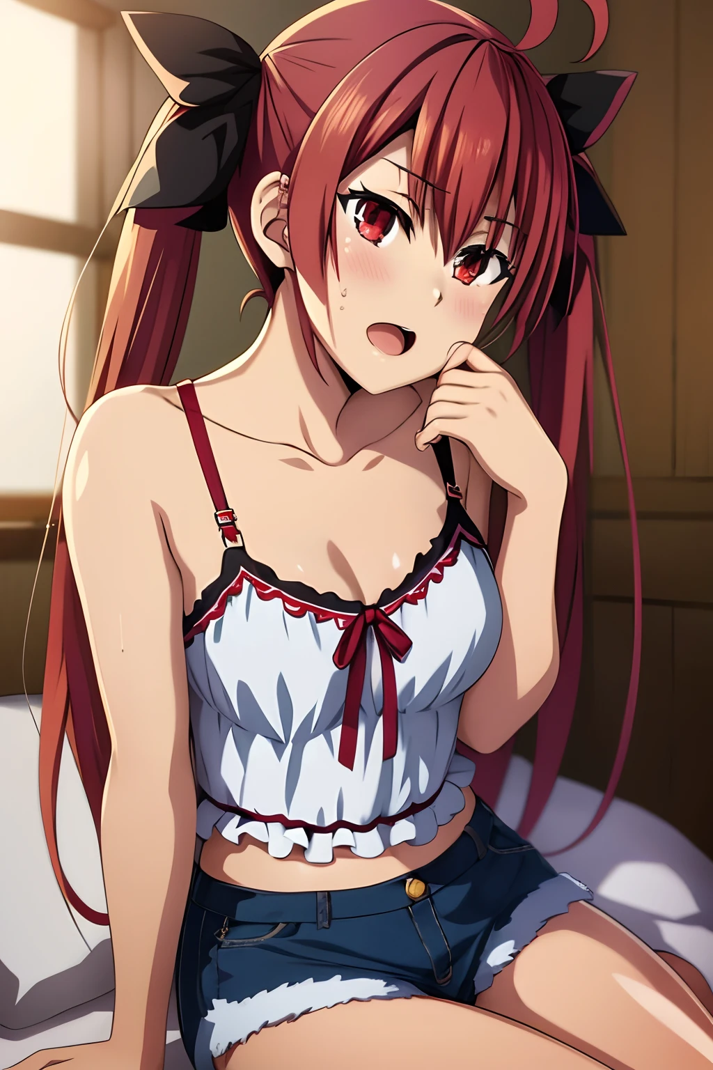 masterpiece, highres, high quality, highly, detailed, 1girl, solo, breasts, red eyes, twintails, shorts, blush face, sitting on bed, long hair, denim shorts, indoor, short shorts, open mouth, bangs, cleavage,  camisole, collarbone, ahoge, bare shoulders, thighs, denim, ribbon, red hair, hair intakes, pillow, cutoffs, sweatdrop, unity 8k wallpaper, (illustration:0.8), (beautiful detailed eyes:1.6), extremely detailed face, perfect lighting, extremely detailed CG, (perfect hands, perfect anatomy),