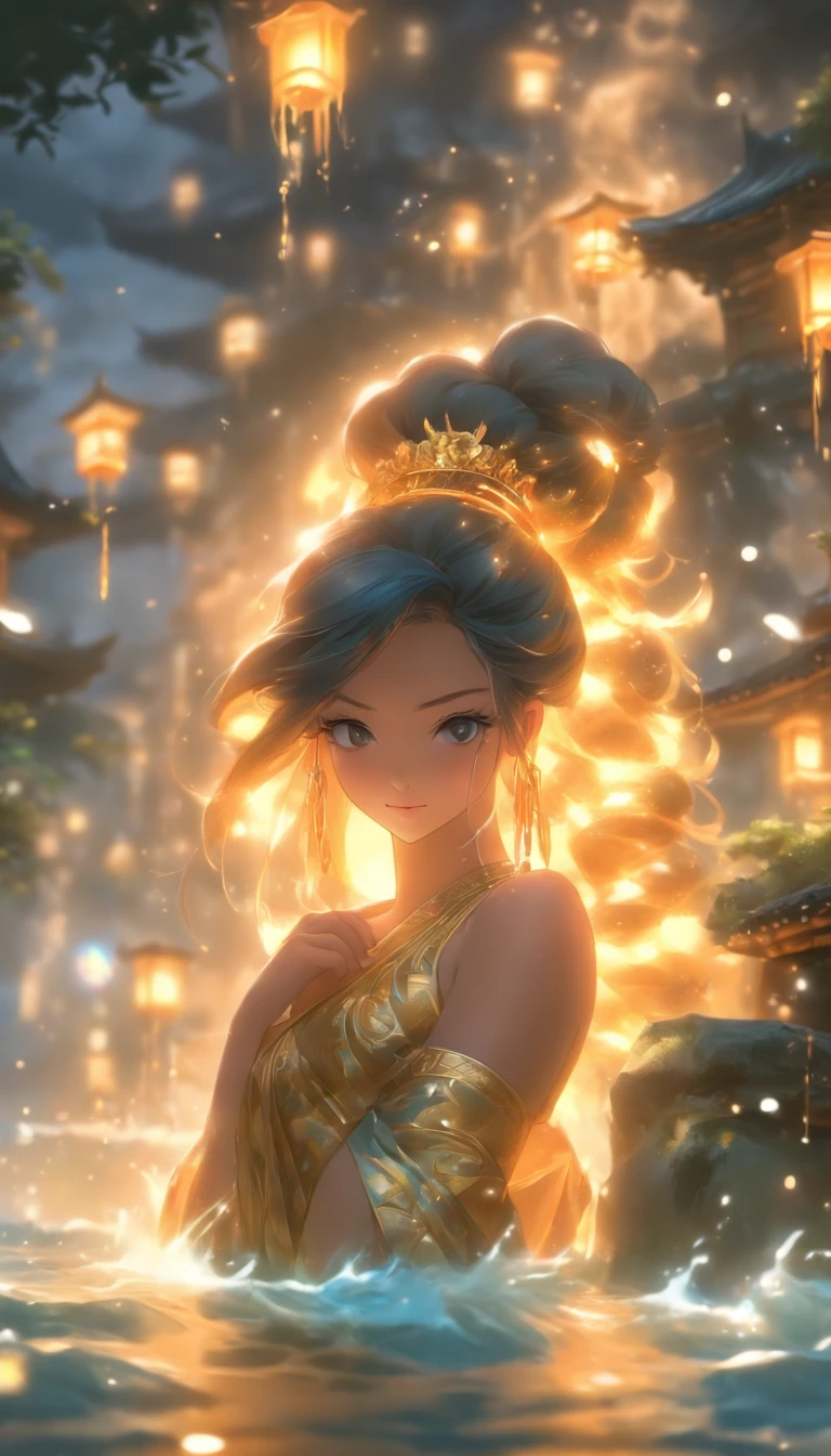 (Masterpiece, Best quality), 1girll(atenea_Asamiya Palace), Cute dress, Long black hair, Sitting, Beautiful outdoor background, Night, forest，highly detailed surreal vfx，China ink painting，water ink，ink，Smudge，downpours，Get wet，water，water column，Gravity-resistant water column，Spiral，China-style，中景 the scene is，super-fine，ultra - detailed，high qulity，8K ，Sharply focus the eyes，中景 the scene is，Full body like，oc rendered