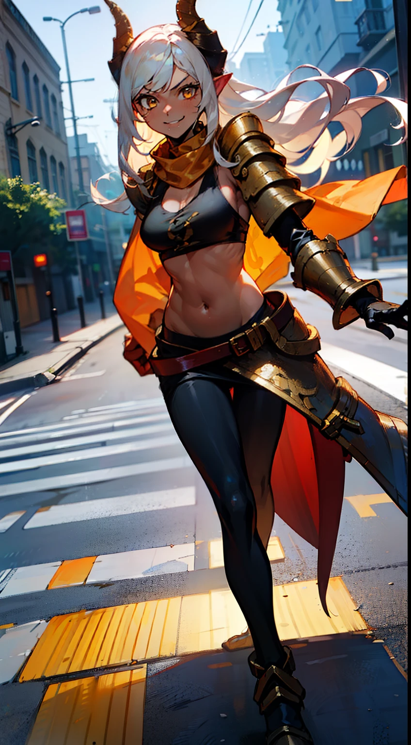 girl,(((dark skin))), hidden arms,long hair, white hair,curly hair,yellow eyes,(villain,psycho,villain smile, psychopath, angry), medium boobs,show belly,gold armor outfit, black small shirt, detailed clothes, masterpiece, hyper realistic, high definition,black horns,black pantyhose,elve ear,yellow scarf,(walking in road)