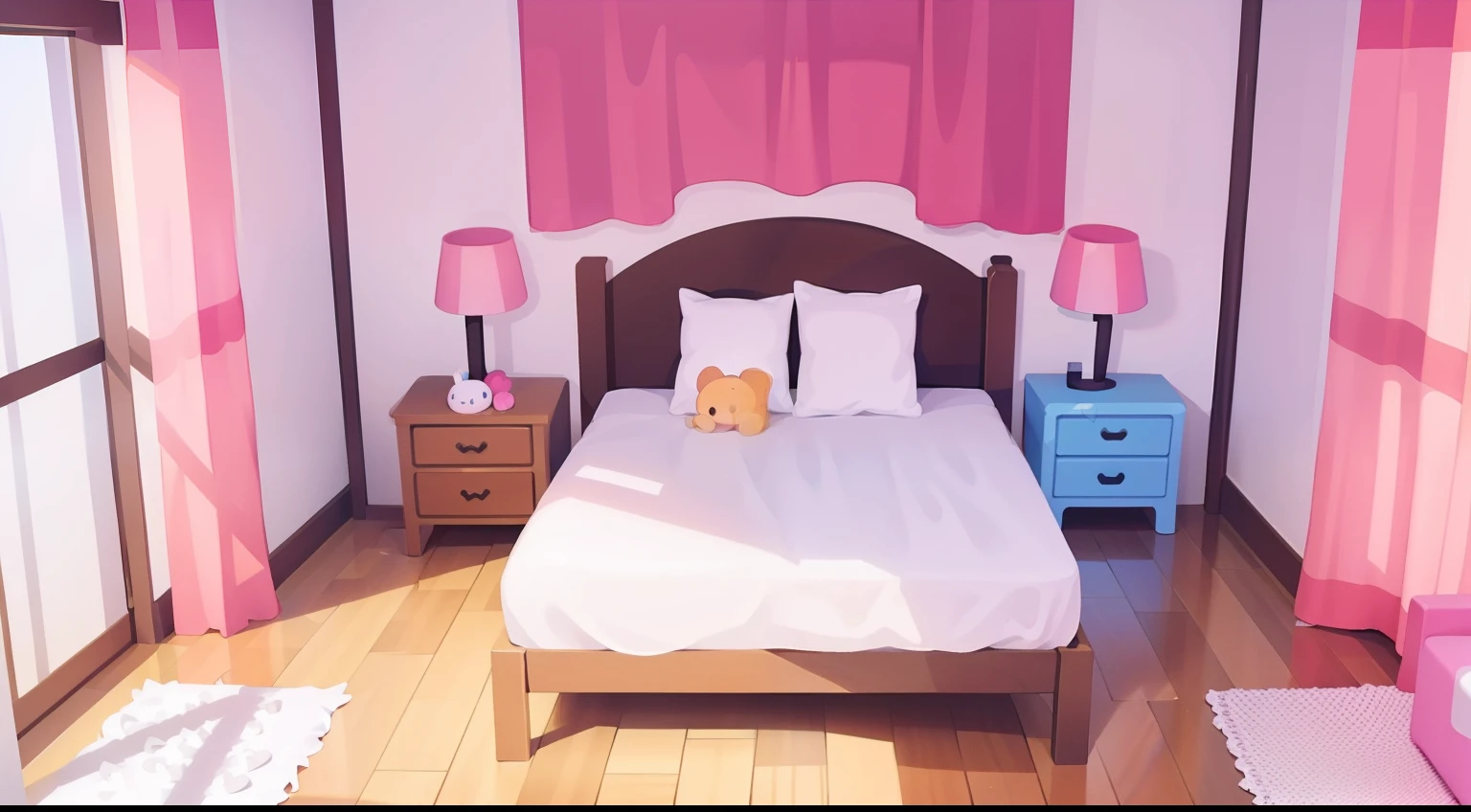 Model Room、No person、Stable composition、eye view、s room、Barely enough、plushies、pastel pink、Natural Color
