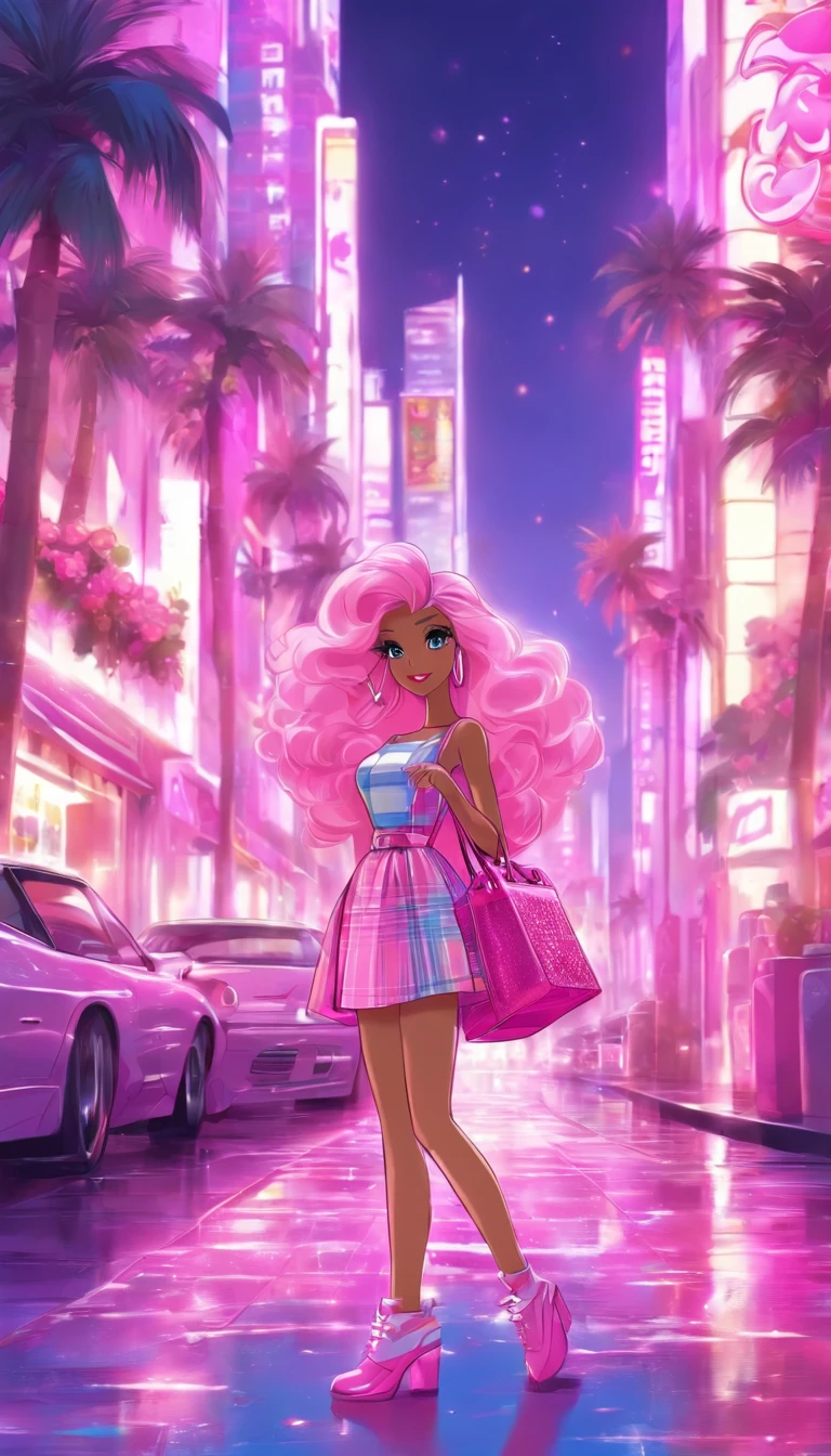 Make another scene with the same style, Barbie is now outside the perfume shop, Now she's holding a perfume shop bag, She was about to get in the car, Her car is a C1 Corvette, Pink and white, C1 Corvette, She wore a pink and white plaid dress,The background shows a city with 80 states, There are palm trees and a lot of pink flowers.