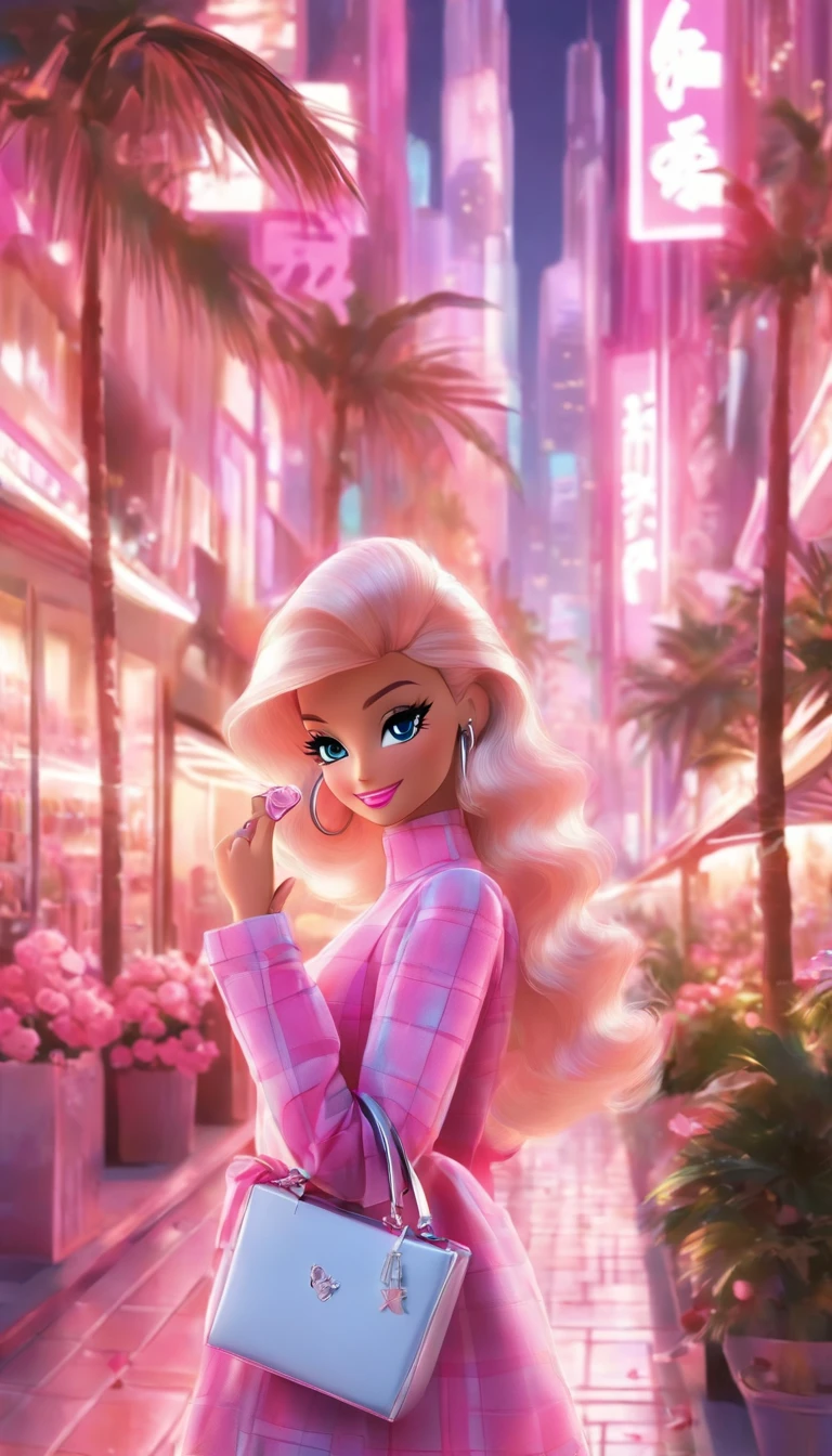 Make another scene with the same style, Barbie is now outside the perfume shop, Now she's holding a perfume shop bag, She was about to get in the car, Her car is a C1 Corvette, Pink and white, C1 Corvette, She wore a pink and white plaid dress，The background shows a city with 80 states, There are palm trees and a lot of pink flowers.