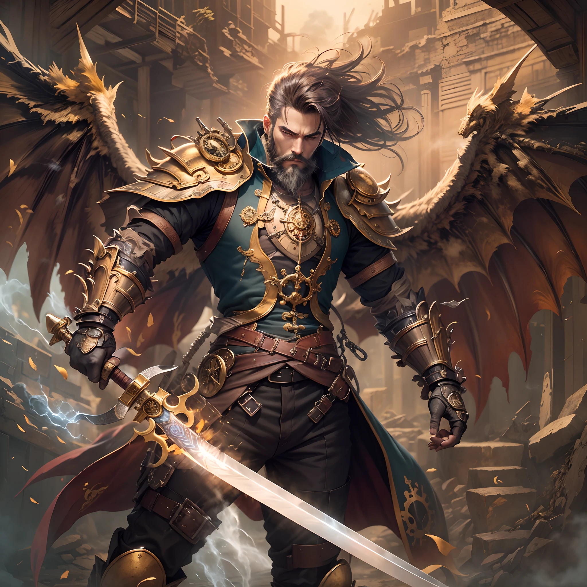 (Steampunk style,best quality) A strong magic swordsman,He has a beard,Holding a magic sword in his hand,Dressed in delicate gold armor,Equipped with Magic Swordsman equipment,Dragon wings fluttered behind it。The picture is full of steam from the mechanical age,The background of the scene is the ruins of Sky City