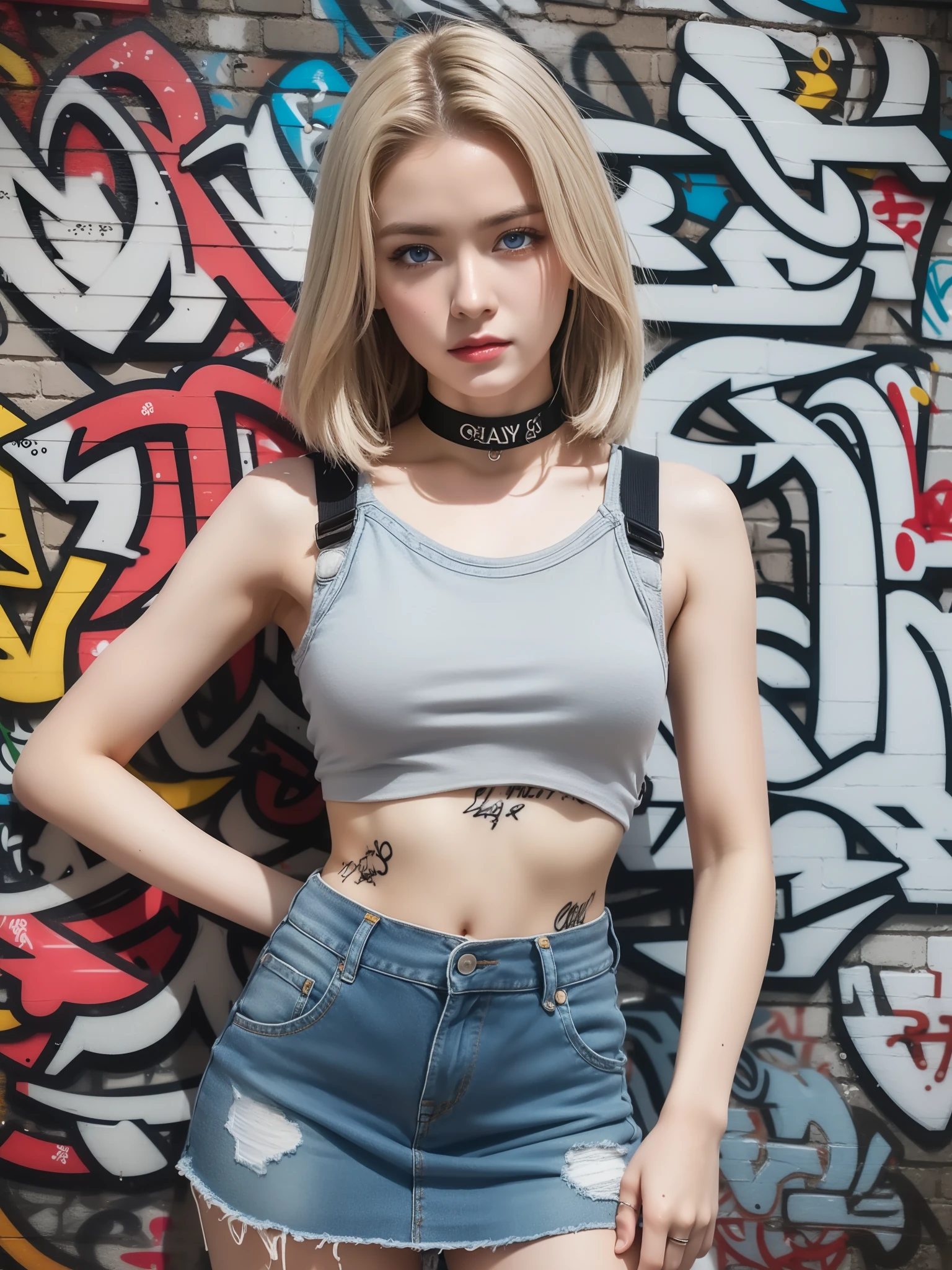 hyper realistic, Masterpiece, Best Quality, ((Lauren Gray, The face of Olivia Dunn)) 1girl, solo, crop-top, Cut clothes，yellow denim ((tight miniskirt)), Choker, (graffiti:1.5), paint splatter, Hands Behind Your Back, Against a wall, looking a viewer, A bracelet, thigh strap, Paint on the body, tilt of head, blonde hair, Gray-blue eyes of the iris, 8K resolution, intricate clothes, intricate details,
