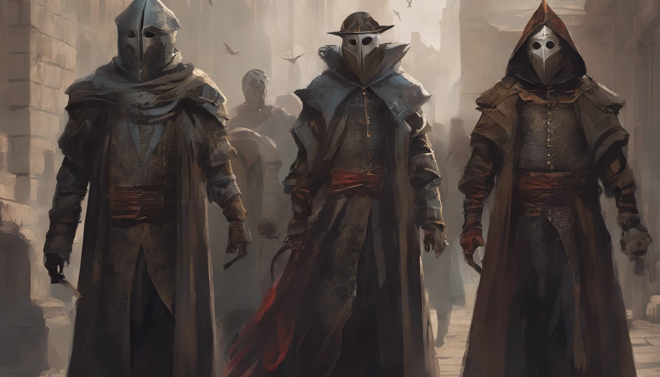 Doctors from the days of the terrible plague，Dress in medieval clothes and classic masks with pointed mouths.