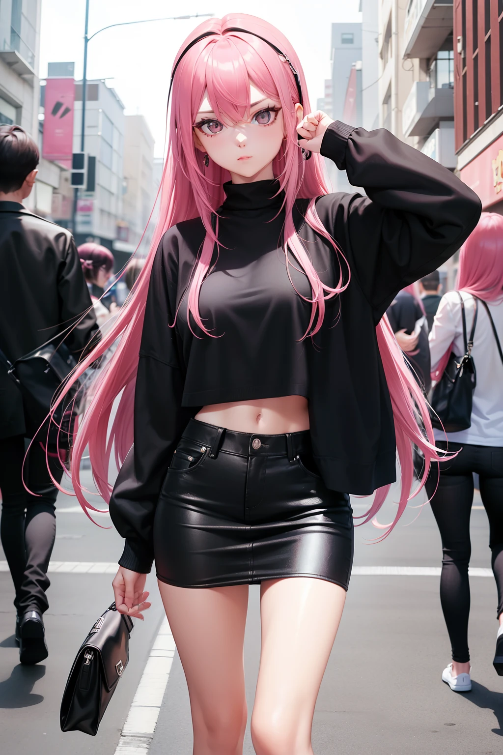 Leader of Runaway Bad Girl, Long Black Jumper, a cool、Skin Jean Miniskirt, Semi-long pink hair, Looking at the viewer, Front view,