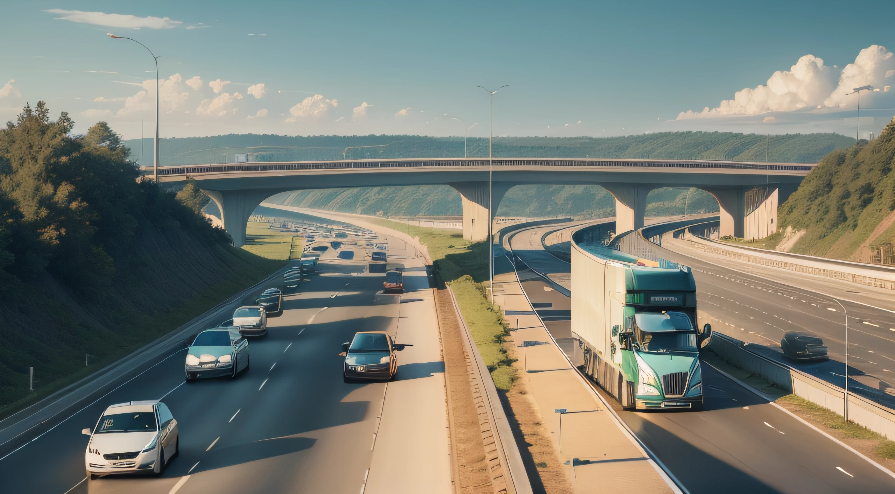 Long, Gigantic Highway With Lots of Cars Travelling from Place to Place and Bridges Connecting the Highway Roads.