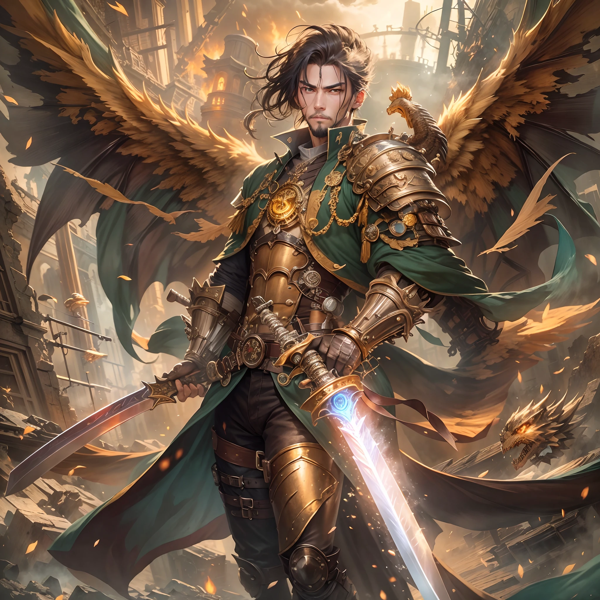 (Steampunk style,best quality) A strong magic swordsman,He has a beard,Holding a magic sword in his hand,Dressed in delicate gold armor,Equipped with Magic Swordsman equipment,Dragon wings fluttered behind it。The picture is full of steam from the mechanical age,The background of the scene is the ruins of Sky City