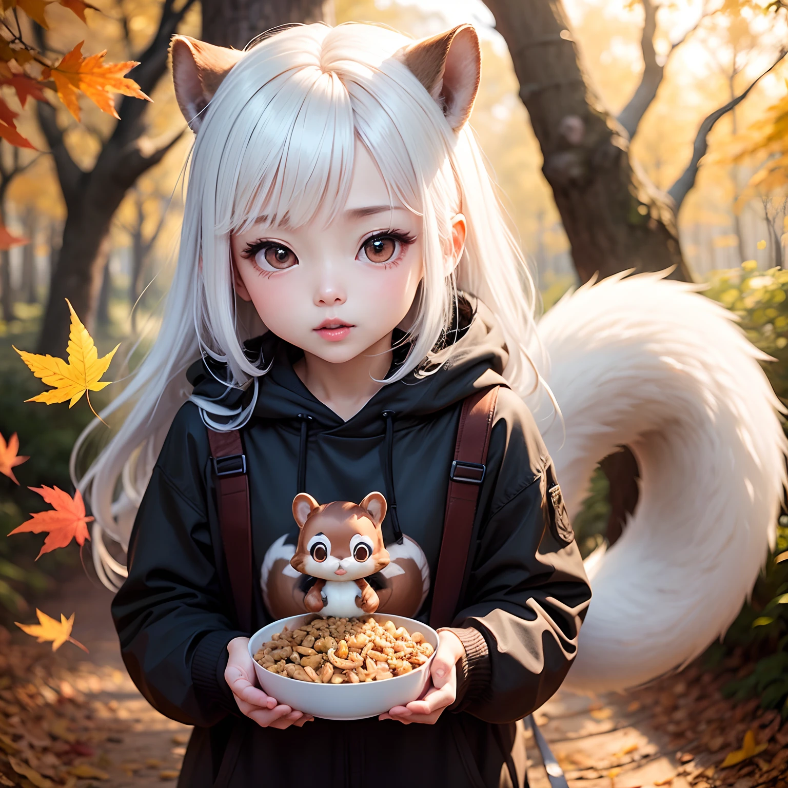Chibi Squirrel、White hair all over the body、Eating nuts、Fairytale Autumn Forest、
